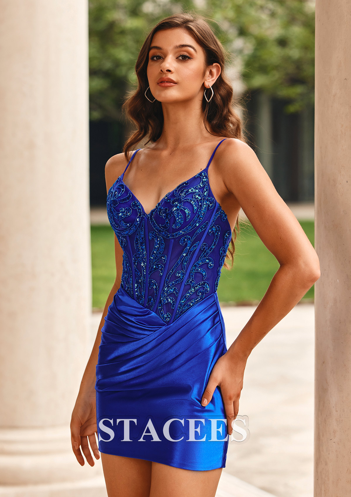 Royal Blue Sheath/Column V Neck Short/Mini Silk like Satin Homecoming Dress with Beading Pleated Sequins - STACEES