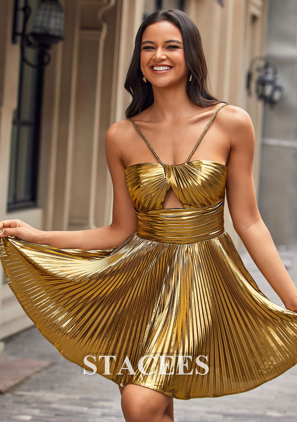As Picture A-line Scalloped Neck Metallic Short/Mini Homecoming Dress with Pleated - STACEES
