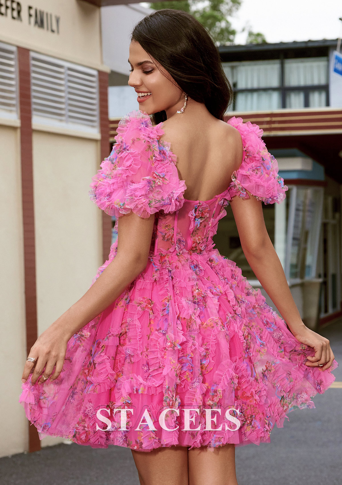 Fuchsia A-line Sweetheart Short Sleeve Short/Mini Tulle Homecoming Dress with Ruffles - STACEES