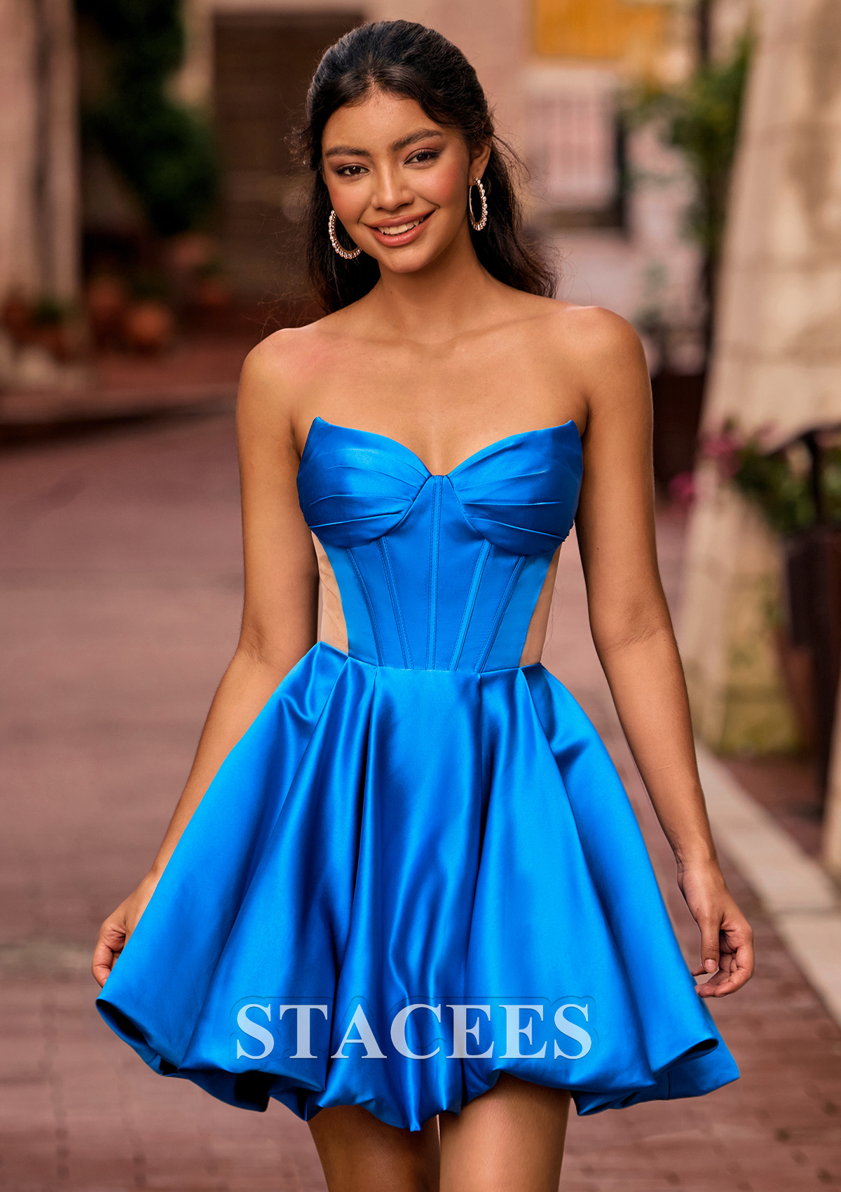 Bleu Océan Robe trapèze col en v satin courte/mini robe de fête de la rentrée avec plissé - STACEES