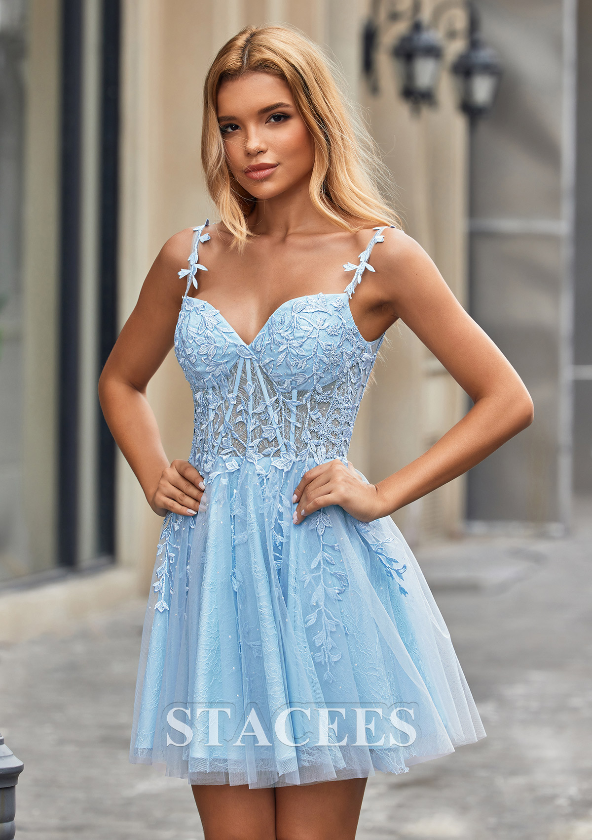 Sky Blue A-line V Neck Short/Mini Tulle Homecoming Dress with Beading Lace - STACEES