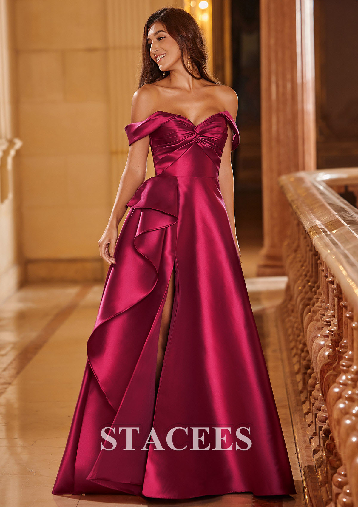 Burgundy A-line Off the Shoulder Mikado Ruffled Slit Prom Dress with Pleated Pockets - STACEES