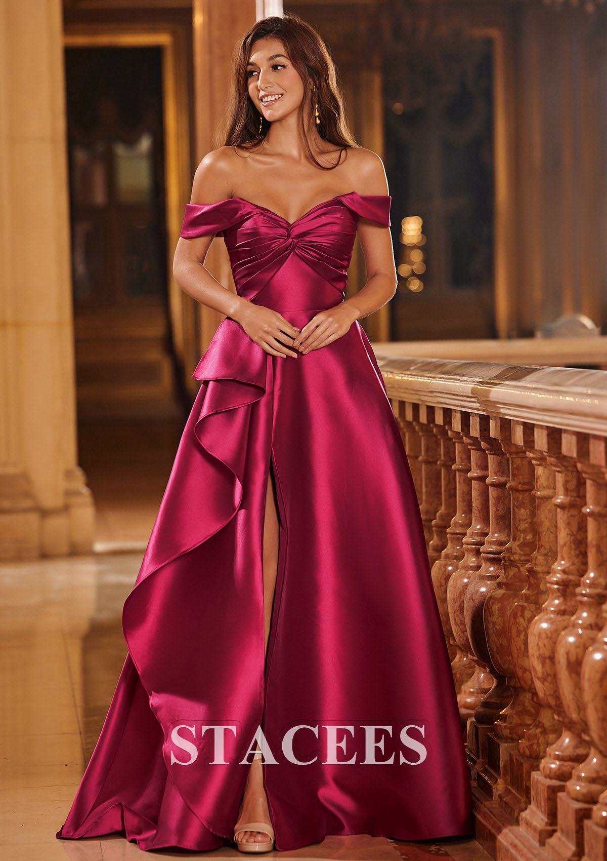 Burgundy A-line Off the Shoulder Mikado Ruffled Slit Prom Dress with Pleated Pockets - STACEES