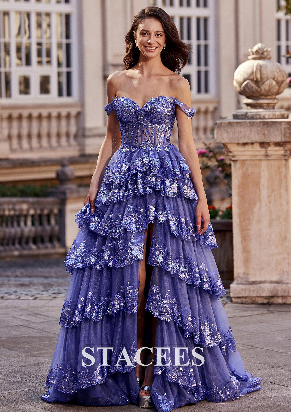 a line sweep train prom dress Stacees Sky Blue Sparkly Off the Shoulder Ruffles Slit Colour:BLUE becoming the first choice Beaded Prom Dress 90s Polka Dot Dress