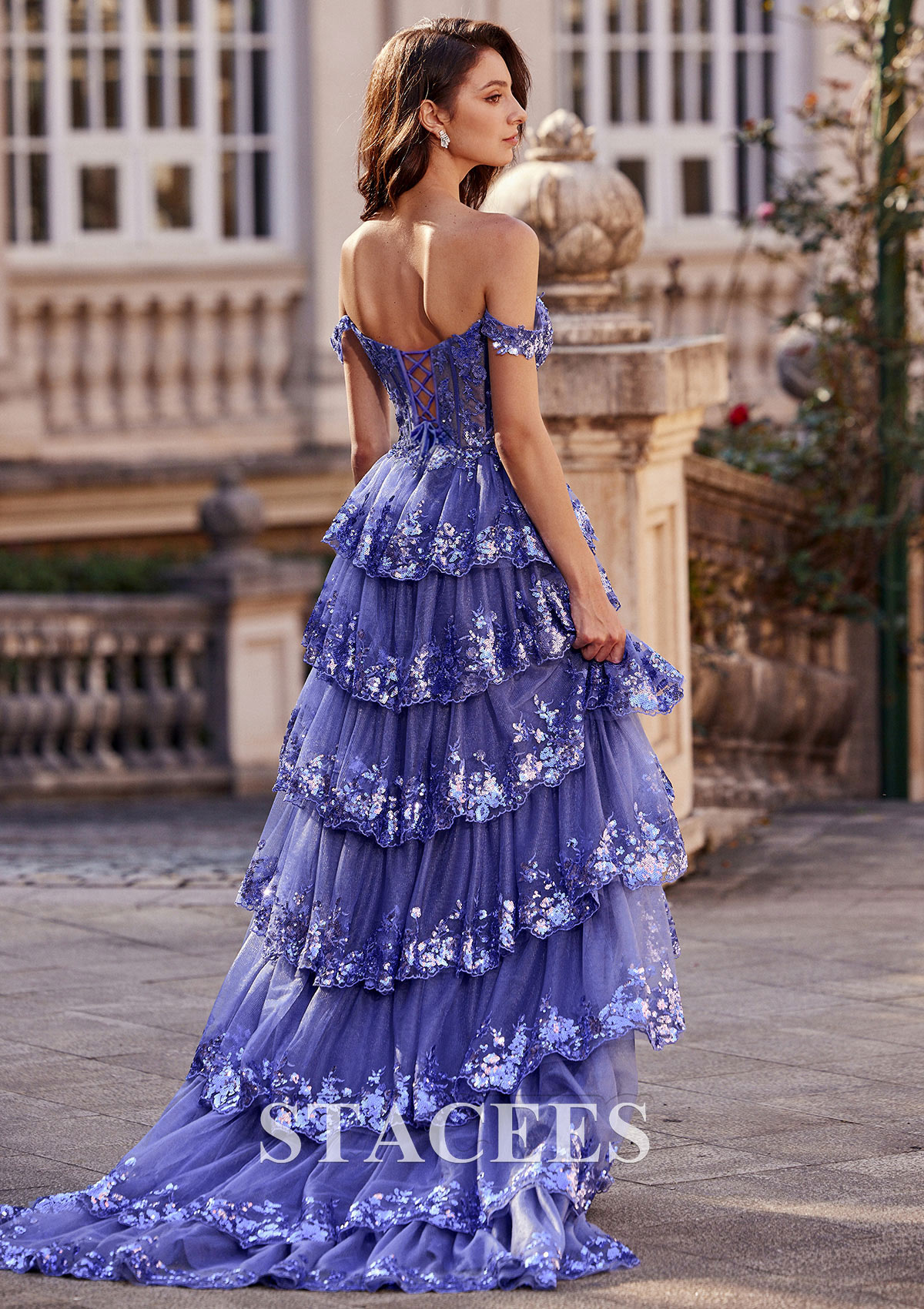 Lavender A-line Off-the-Shoulder Sweep Train Tulle Prom Dress with Ruffles Sequins Split - STACEES