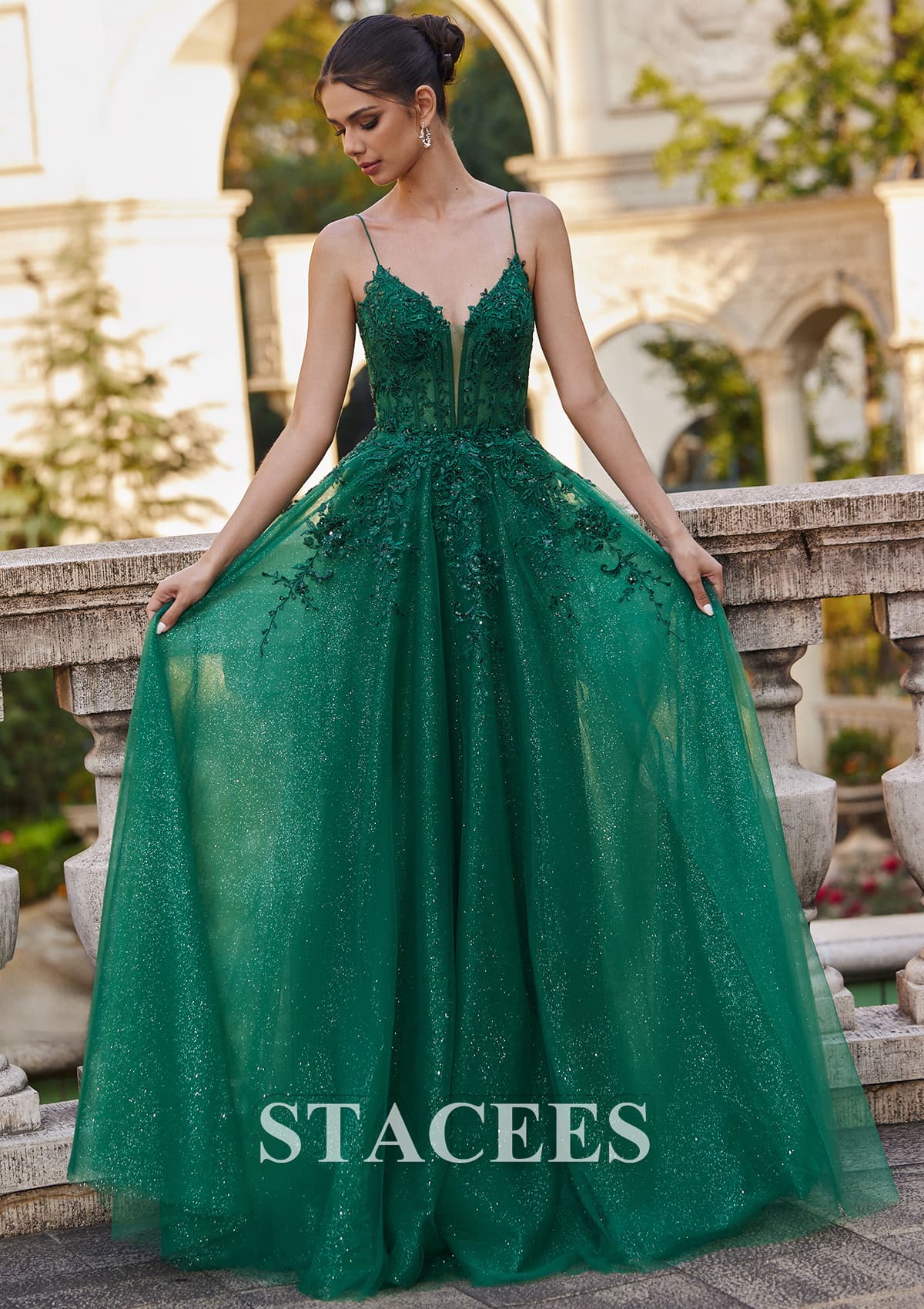 Dark Green A-line Princess V Neck Floor-Length Tulle Prom Dress with Appliqued Sequins Glitter - STACEES