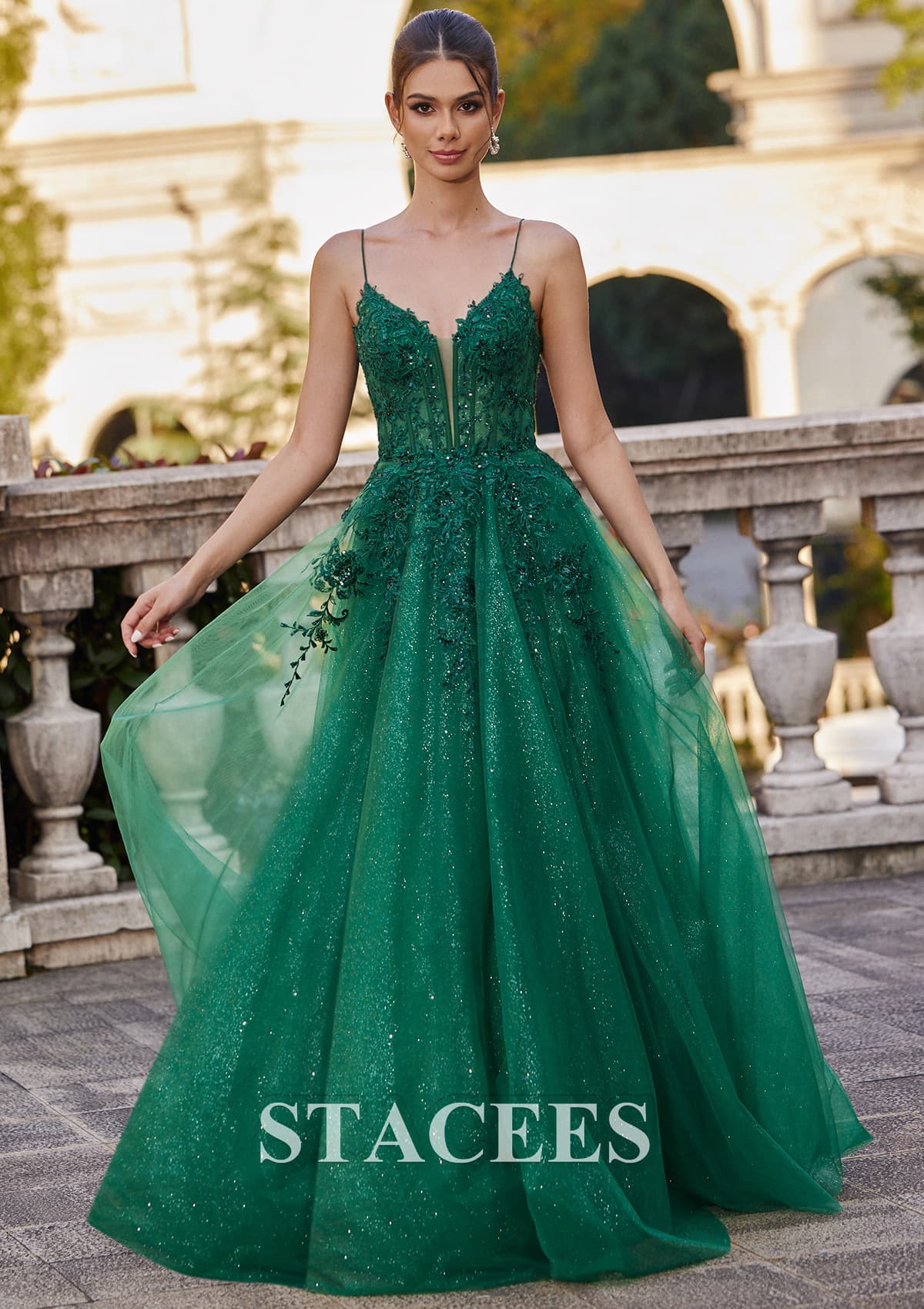 Dark Green A-line Princess V Neck Floor-Length Tulle Prom Dress with Appliqued Sequins Glitter - STACEES