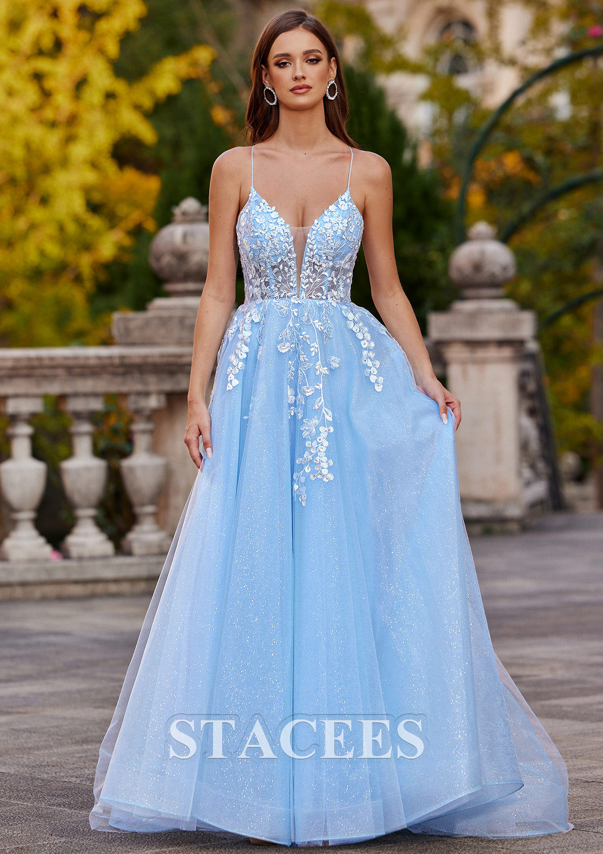 Sky Blue A-line Princess V Neck Tulle Prom Dress with Appliqued Beading Glitter - STACEES