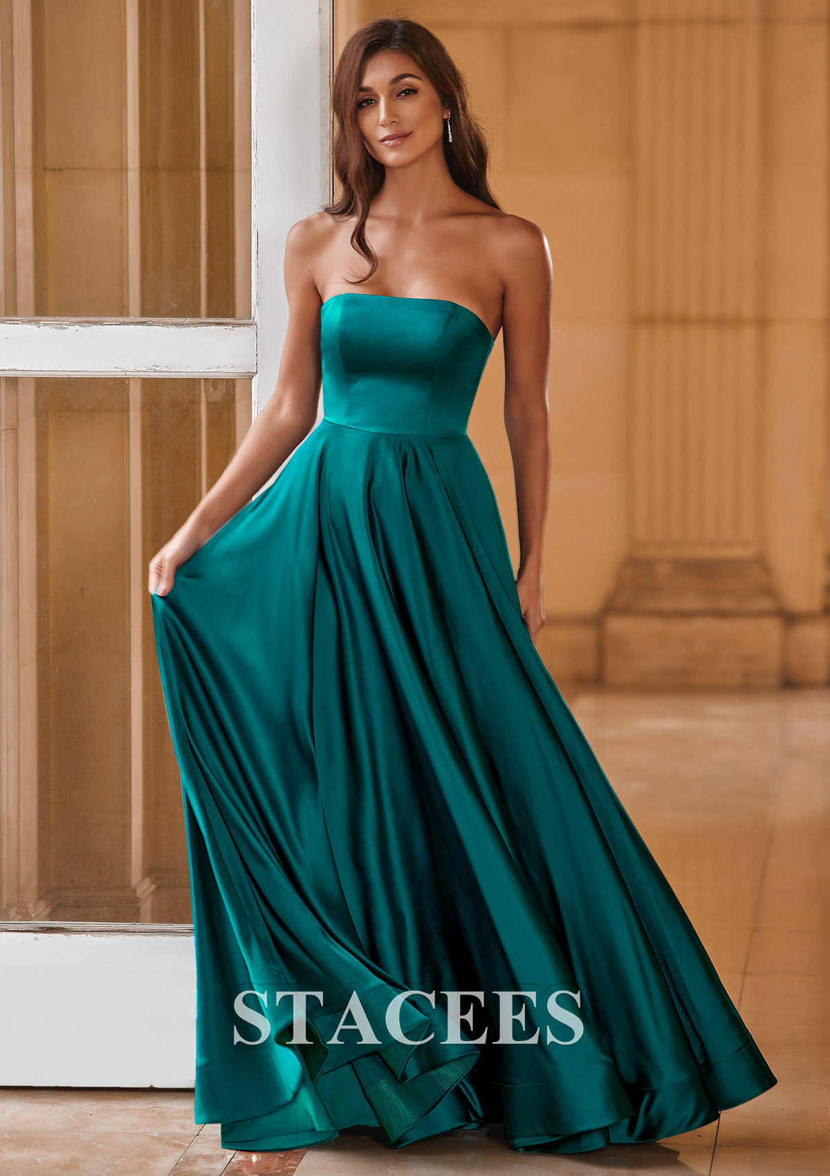Teal A-line Strapless Satin Floor-Length Prom Dress with Pockets - STACEES