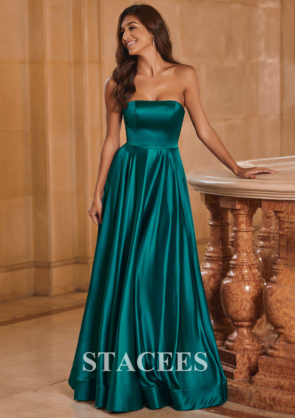 Teal A-line Strapless Satin Floor-Length Prom Dress with Pockets - STACEES