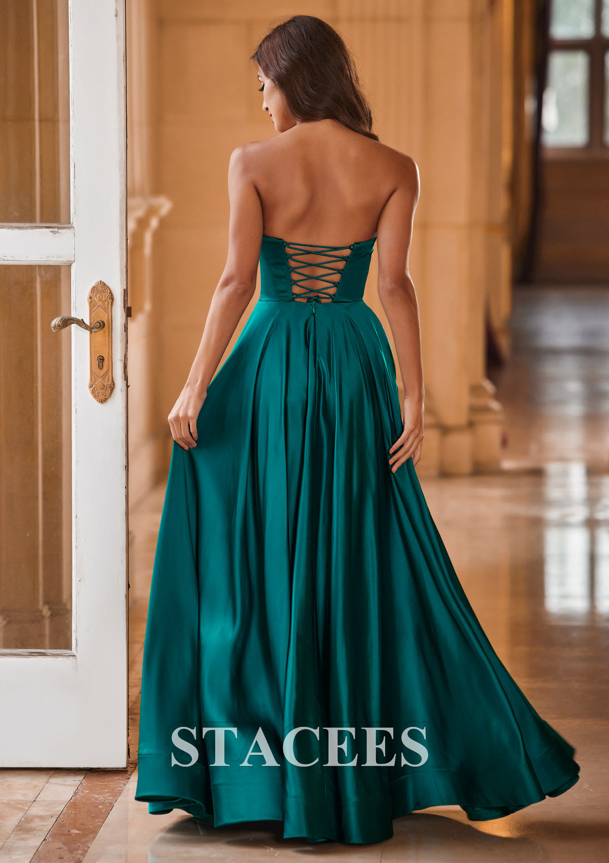 Teal A-line Strapless Satin Floor-Length Prom Dress with Pockets - STACEES