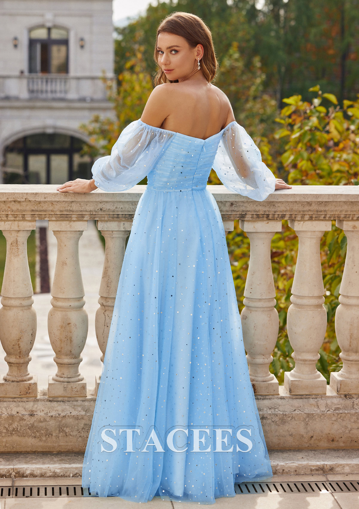 Bleu Ciel Robe trapèze carrée tulle ras du sol robe de bal - STACEES