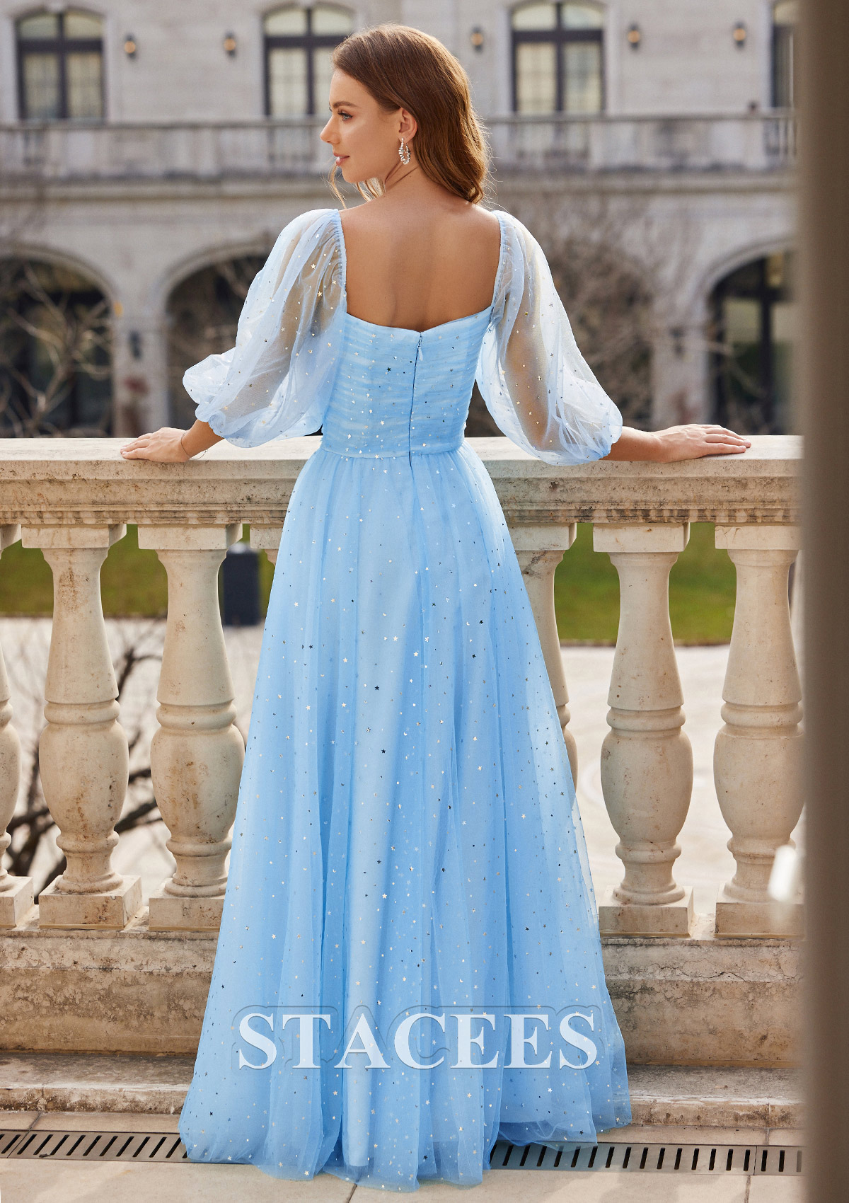 Bleu Ciel Robe trapèze carrée tulle ras du sol robe de bal - STACEES
