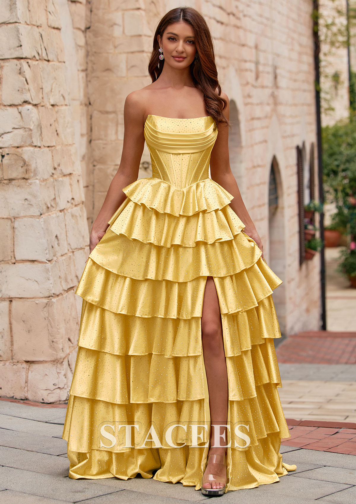 Daffodil A-line Strapless Ruched Corset Tiered Ruffle Hotfix Prom Dress with Slit - STACEES