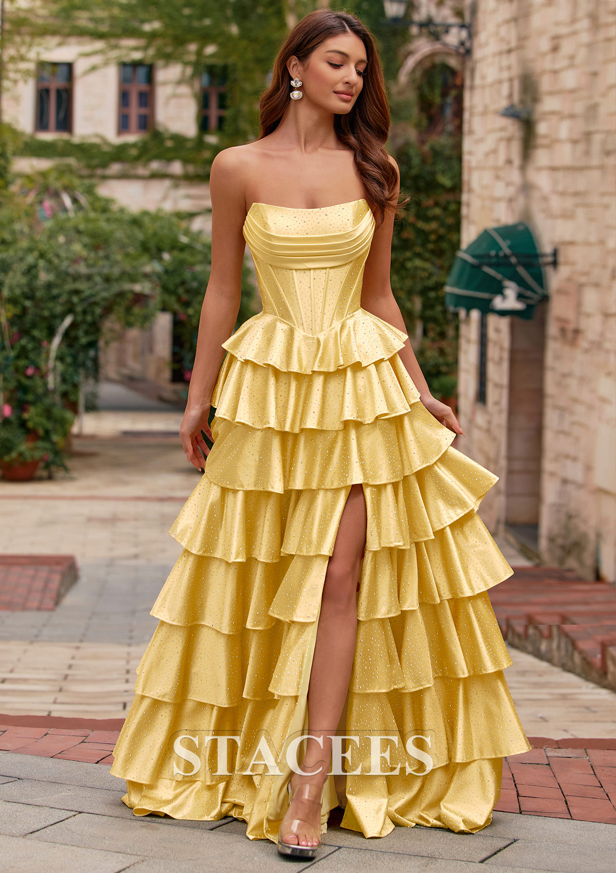Daffodil A-line Strapless Ruched Corset Tiered Ruffle Hotfix Prom Dress with Slit - STACEES