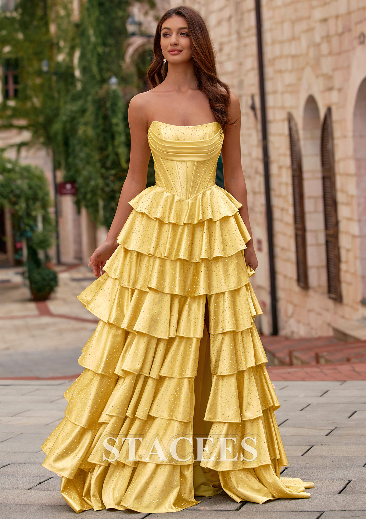 Daffodil A-line Strapless Ruched Corset Tiered Ruffle Hotfix Prom Dress with Slit - STACEES