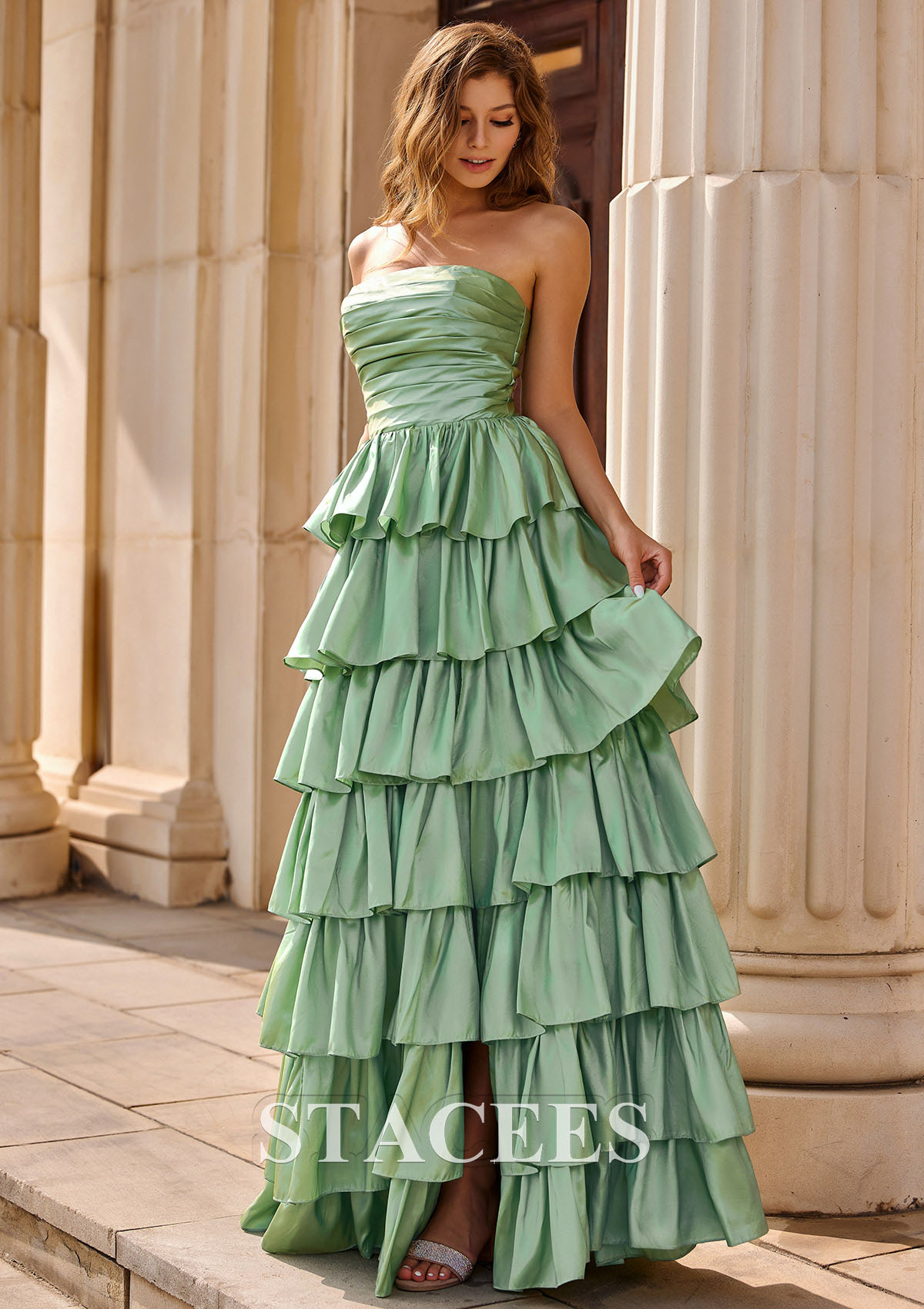Sage A-line Square Neckline Strapless Floor-Length Taffeta Prom Dress with Ruffles Slit - STACEES