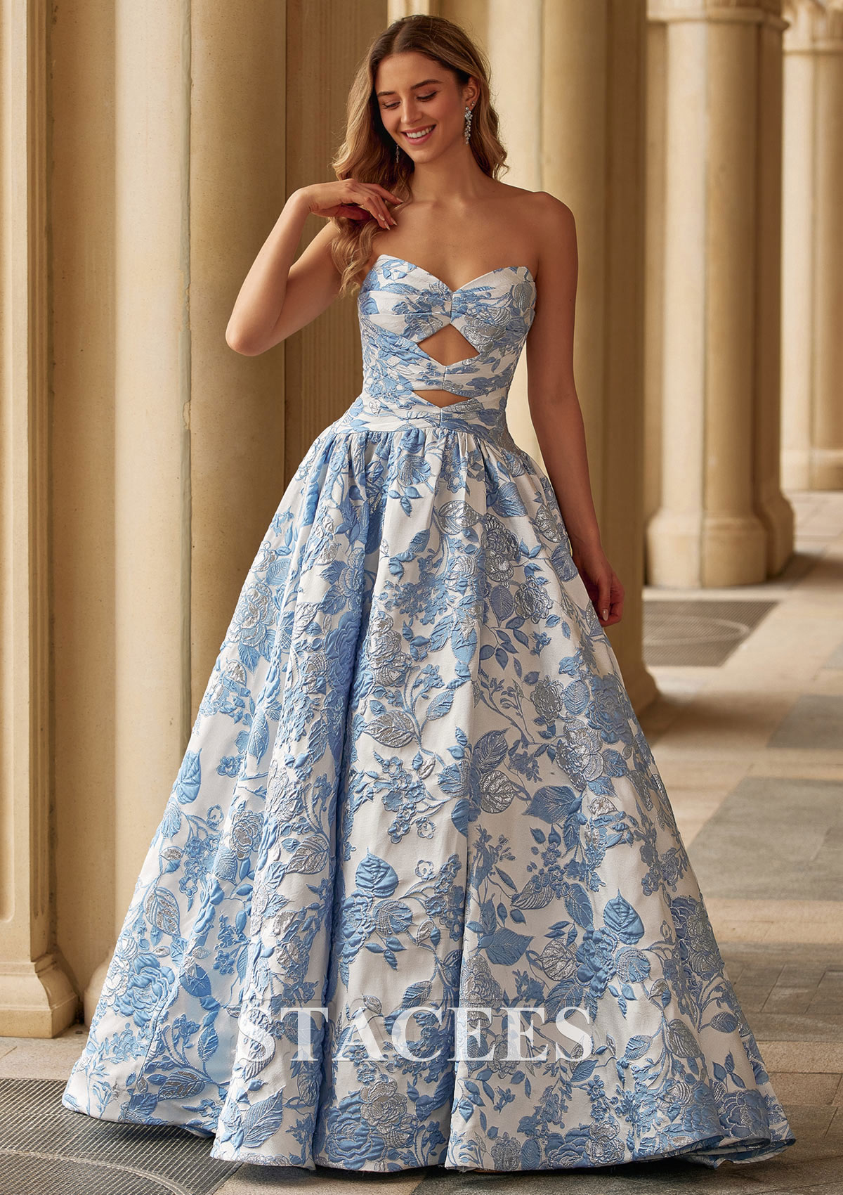 Sky Blue Floral Vintage Strapless Floral Metallic Brocade Prom Dress with Corset Back Slit - STACEES