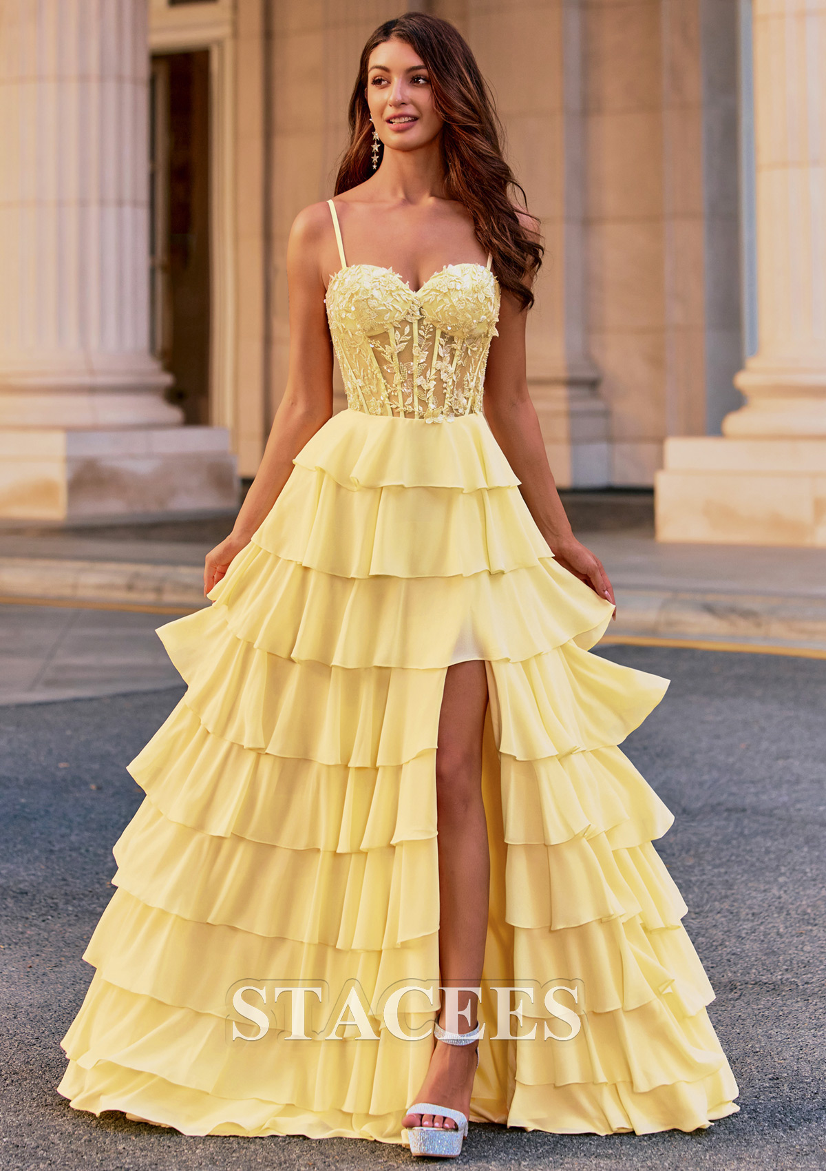 Yellow A-line Sheer Floral Appliques Corset Chiffon Tiered Ruffle Slit Prom Dress - STACEES