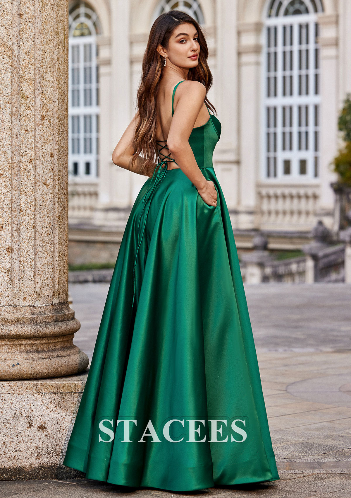 Dark Green A-line Sweetheart Floor-Length Satin Prom Dress with Pockets Split - STACEES
