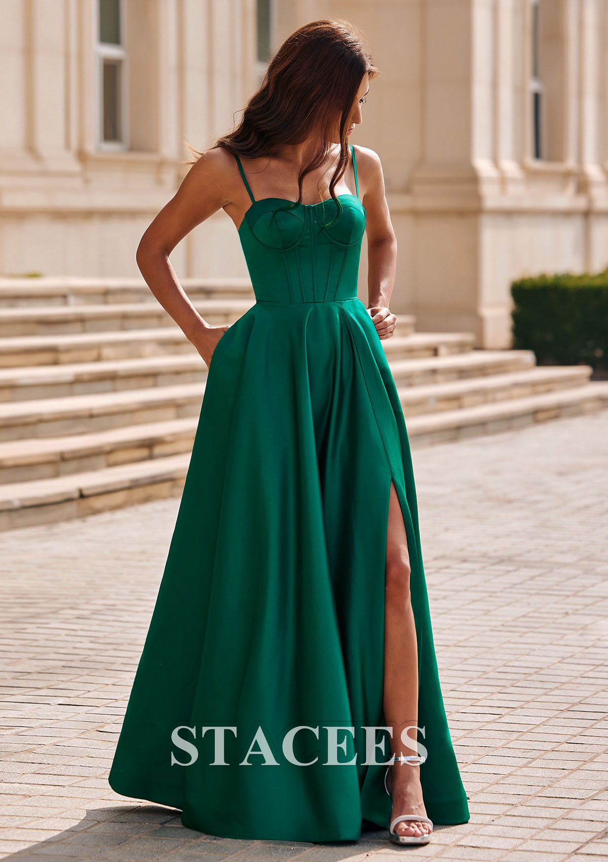 Dark Green A-line Spaghetti Straps Satin Corset Slit Prom Dress with Pockets - STACEES