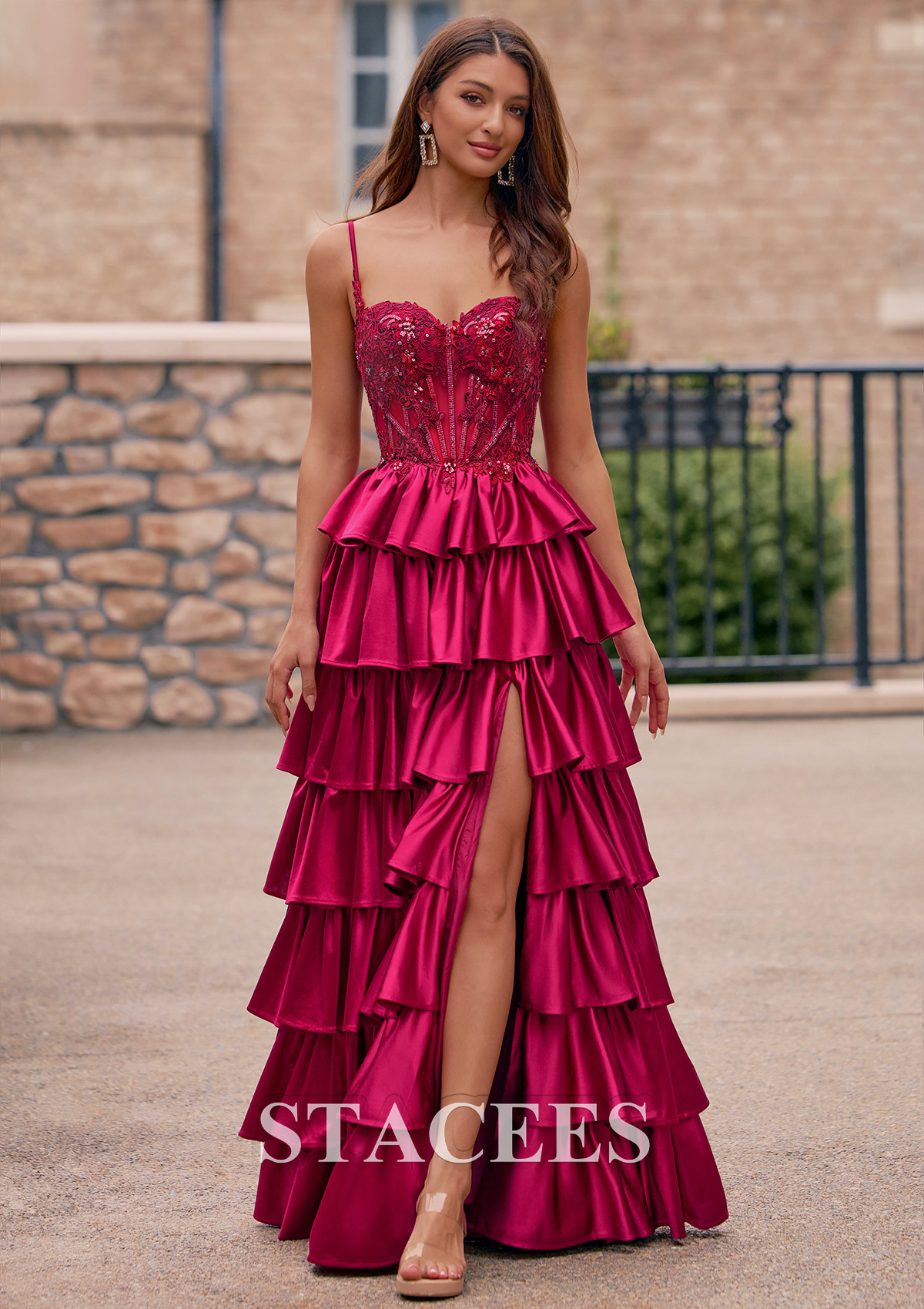 Burgundy A-line Embroidered Sheer Corset Tiered Ruffle Prom Dress with Front Slit - STACEES