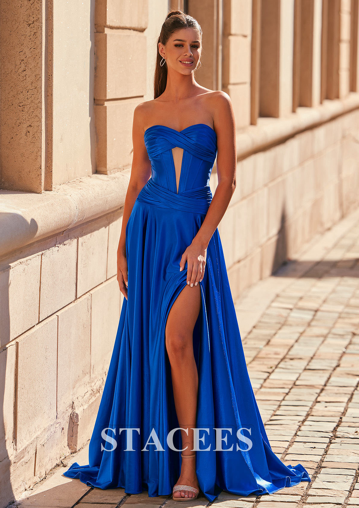 Royal Blue A-line Pleated Slit Prom Dress with Detachable Spaghetti Straps - STACEES