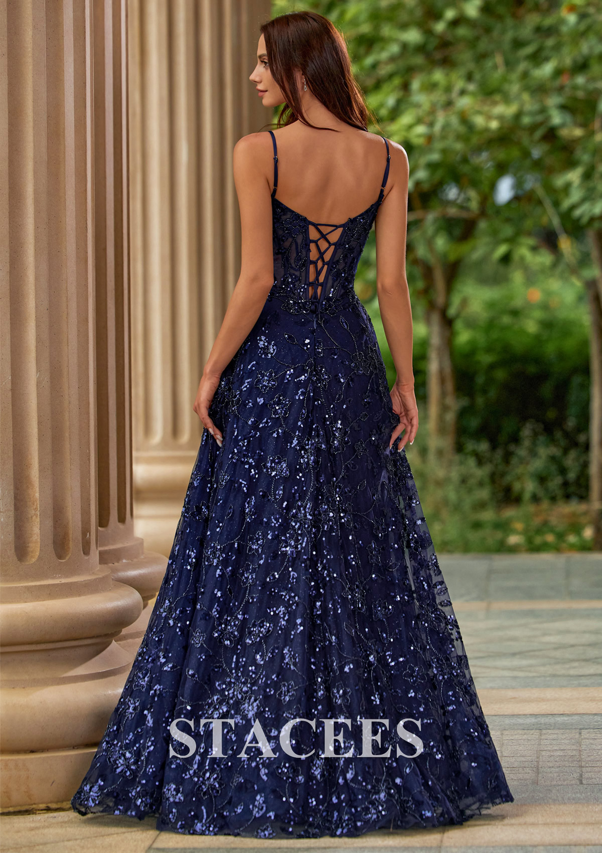 Bleu marine foncé Trapèze col en v paillettes longueur ras du sol robe de bal avec perles fendue - STACEES