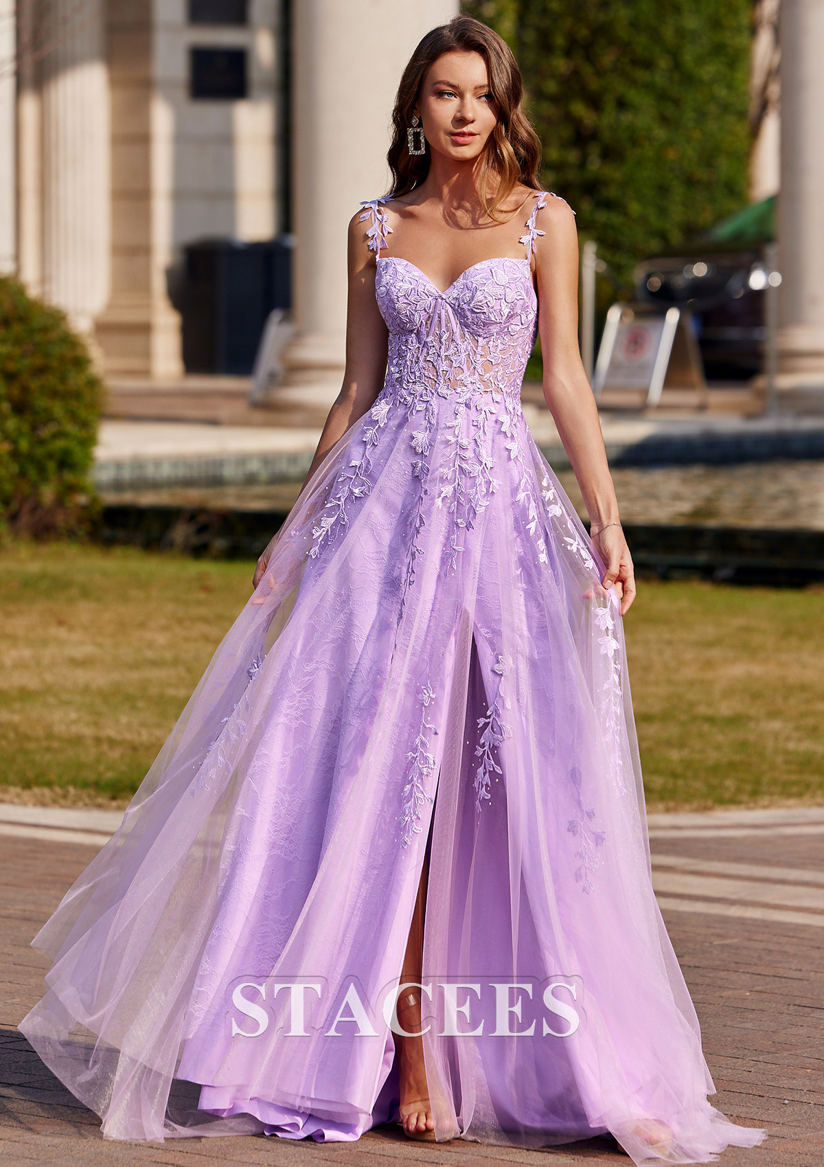 Lilac A-line V Neck Sweep Train Tulle Prom Dress with Appliqued Beading - STACEES