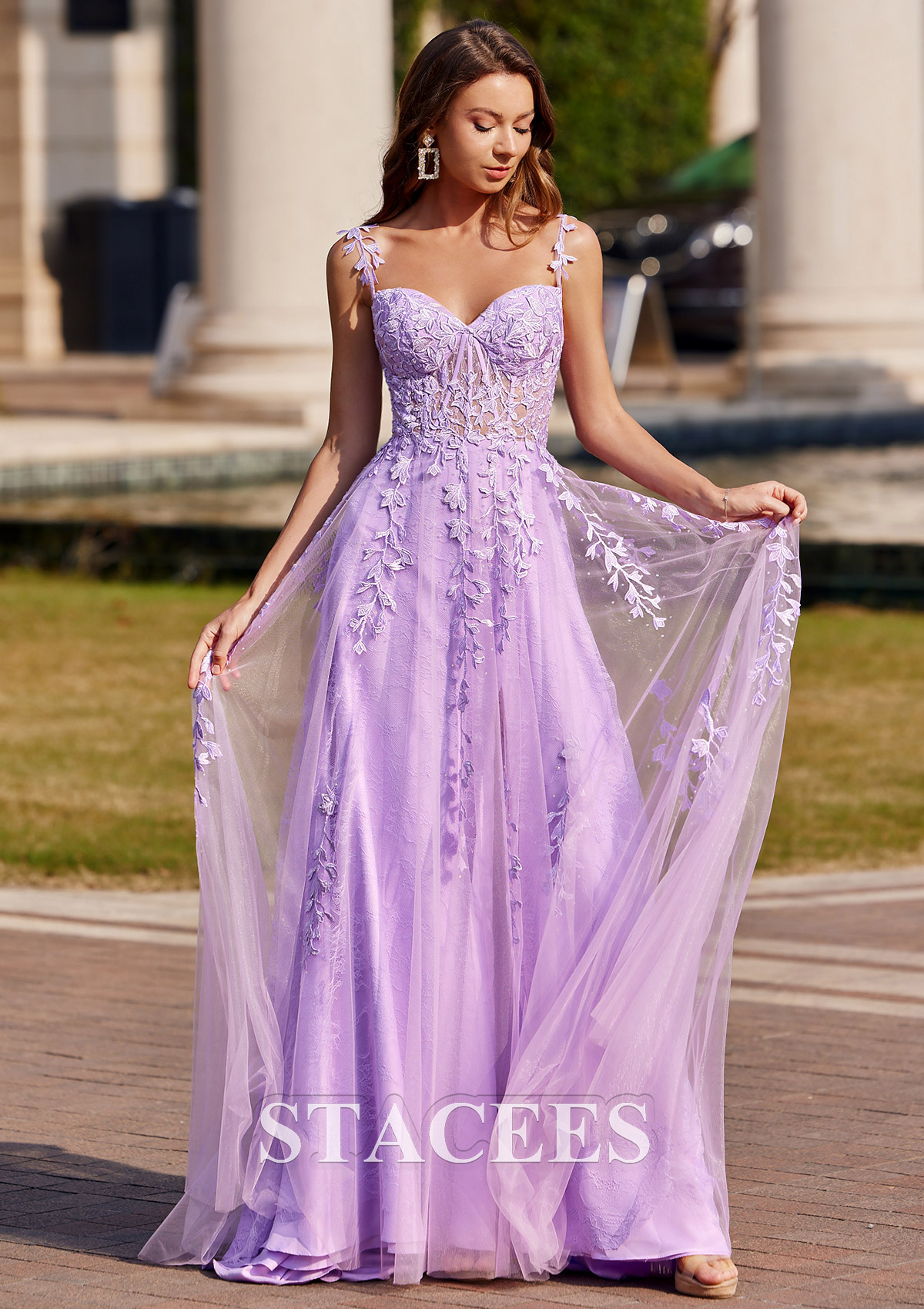 Lilac A-line V Neck Sweep Train Tulle Prom Dress with Appliqued Beading - STACEES
