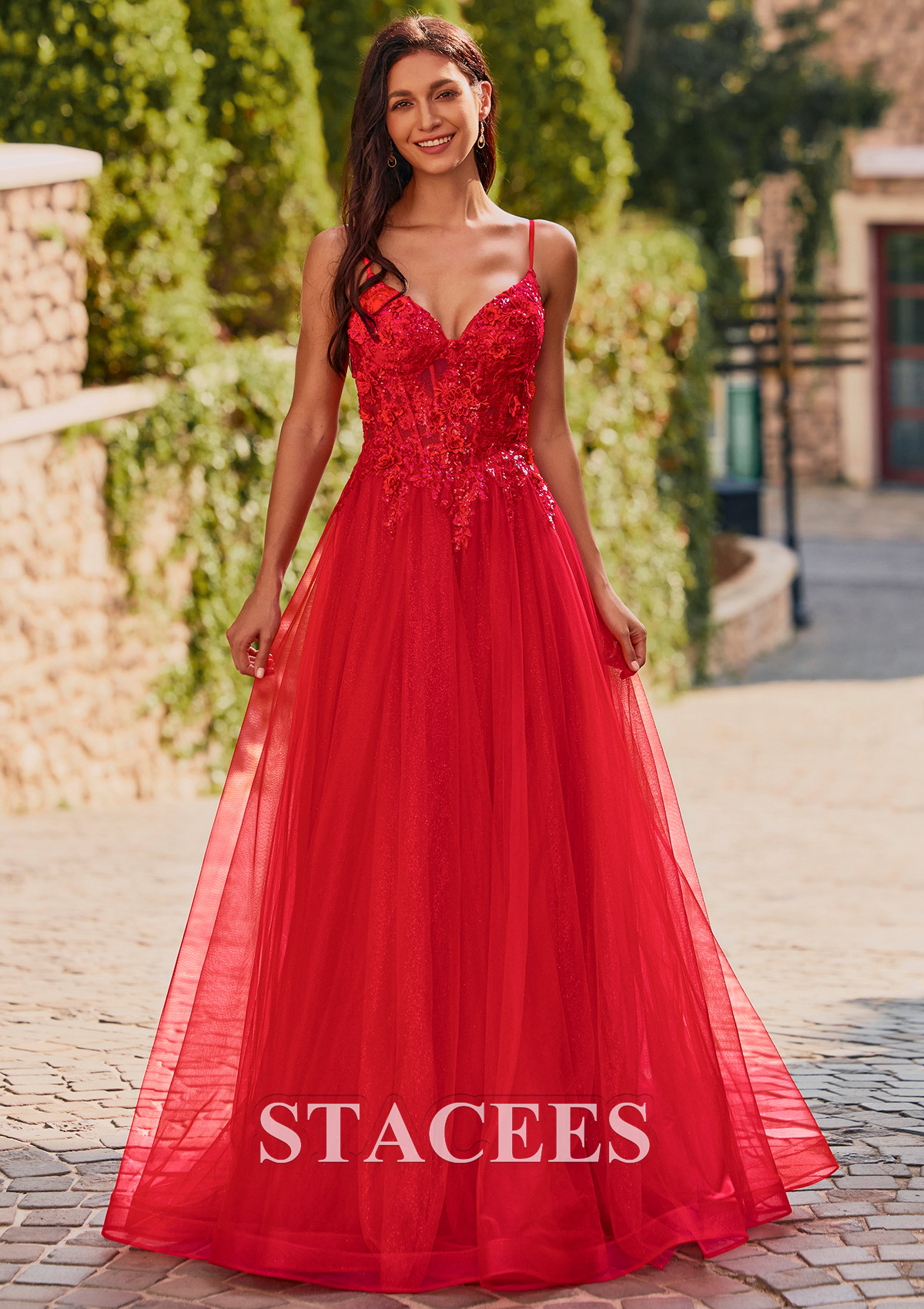 Rouge Trapèze col en v tulle longueur ras du sol robe de bal avec appliqué fleurs paillettes - STACEES