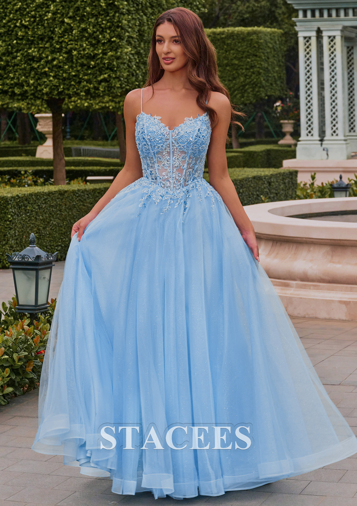 Sky Blue A-line Floral Embroidered Sheer Corset Spaghetti Strap Prom Dress with Slit  - STACEES