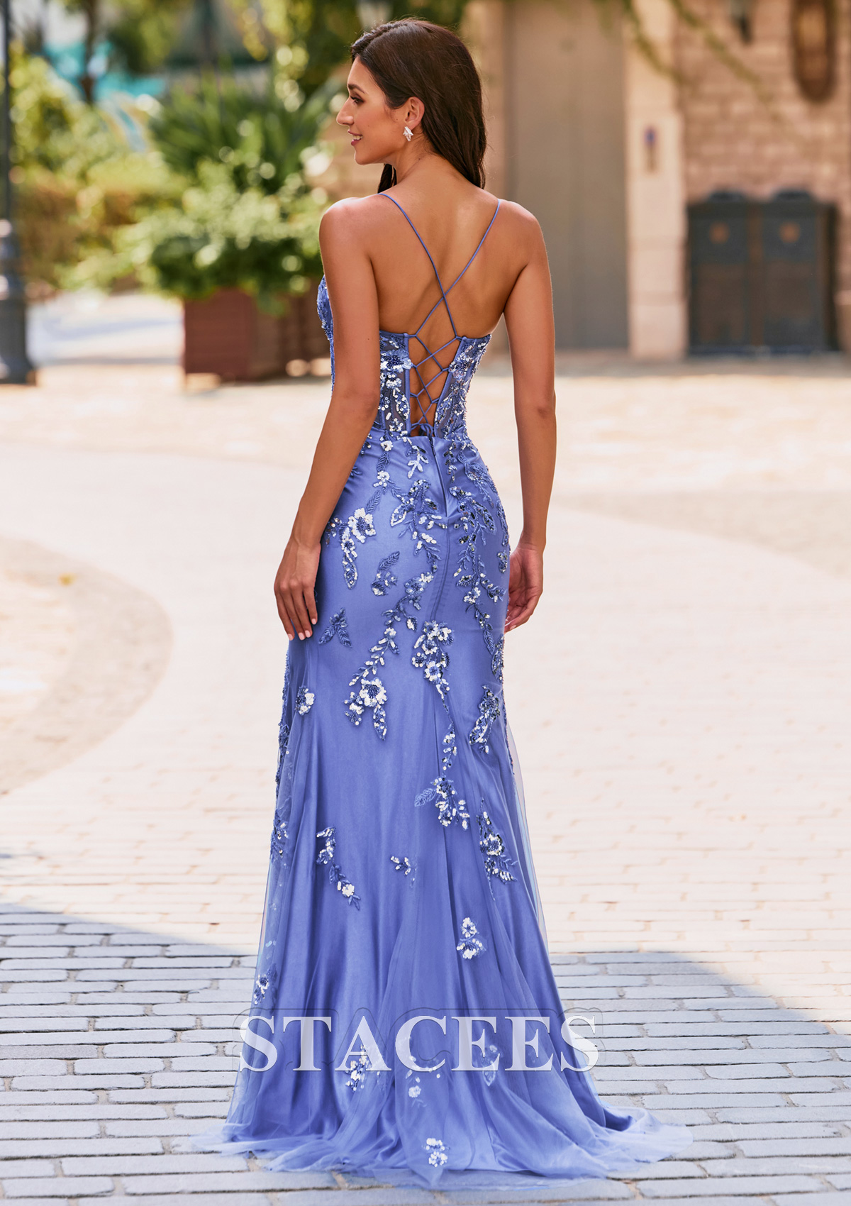 Pervenche Trumpette/Sirène cache coeur soie comme du satin traîne balayage robe de bal avec paillettes fendue - STACEES