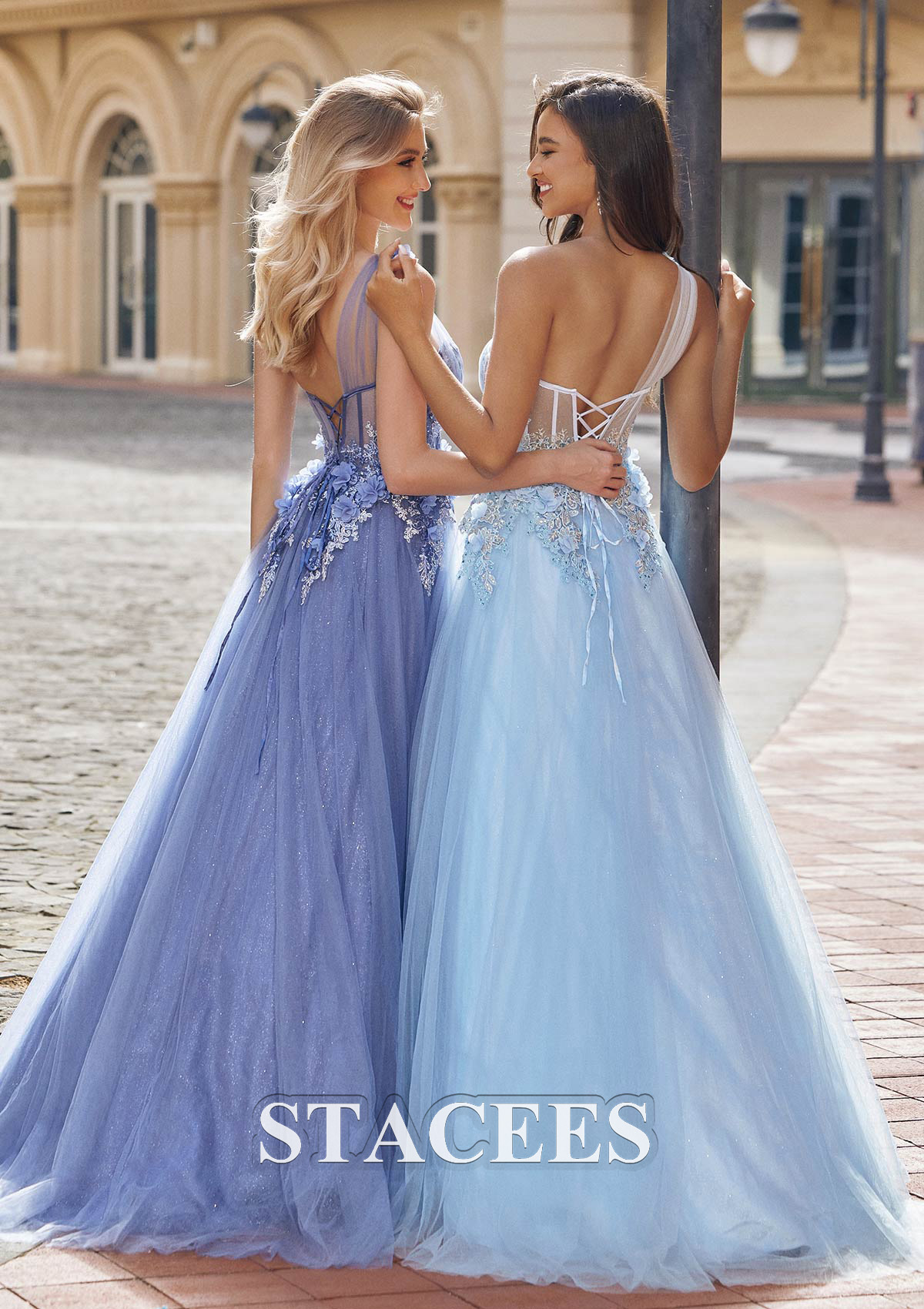 Dusty Blue A-line Princess One-Shoulder Sleeveless Sweep Train Tulle Prom Dress with Appliqued Beading Split - STACEES