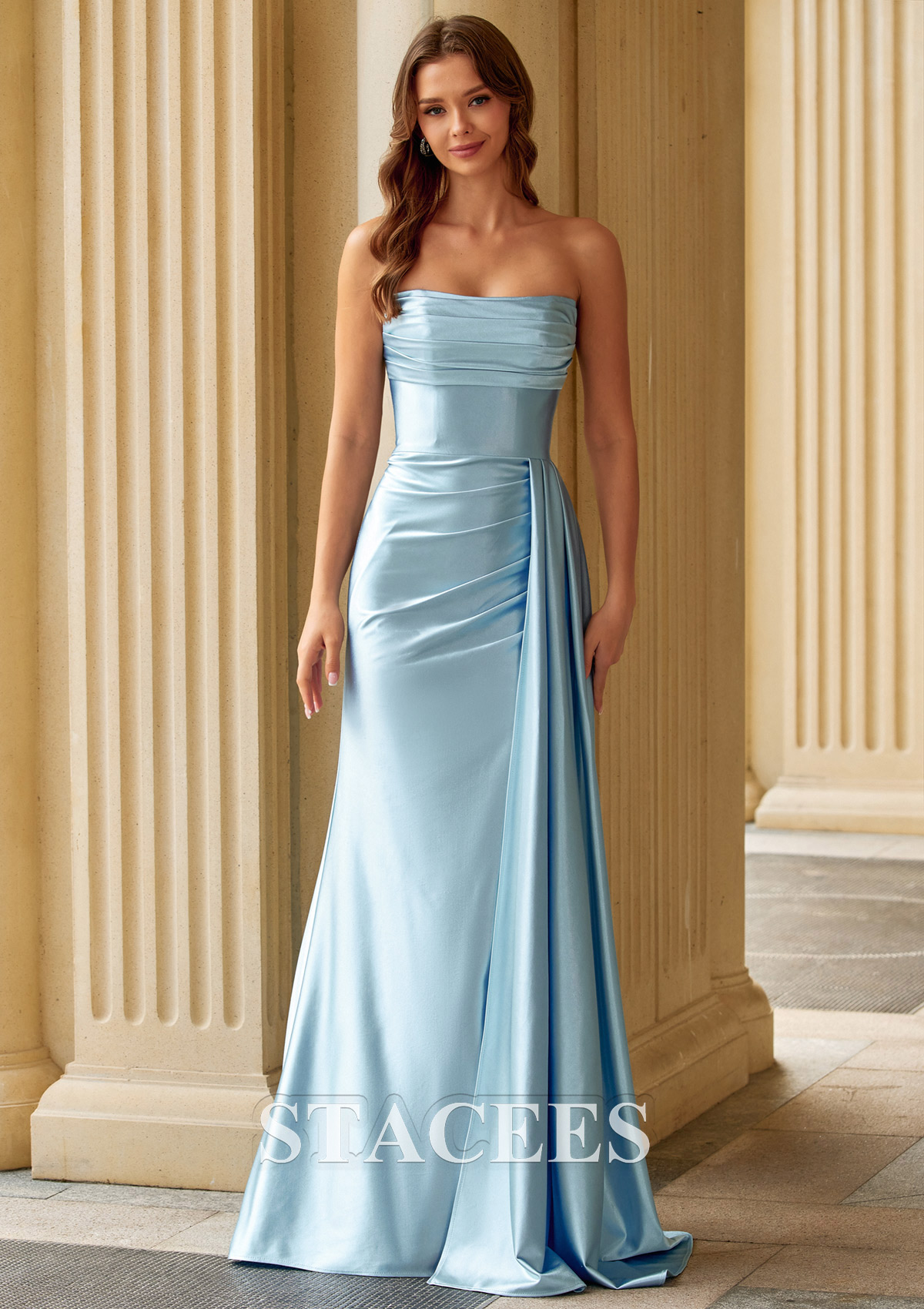 Sky Blue Fitted Strapless Ruched Corset Prom Dress with Side Drape Slit - STACEES