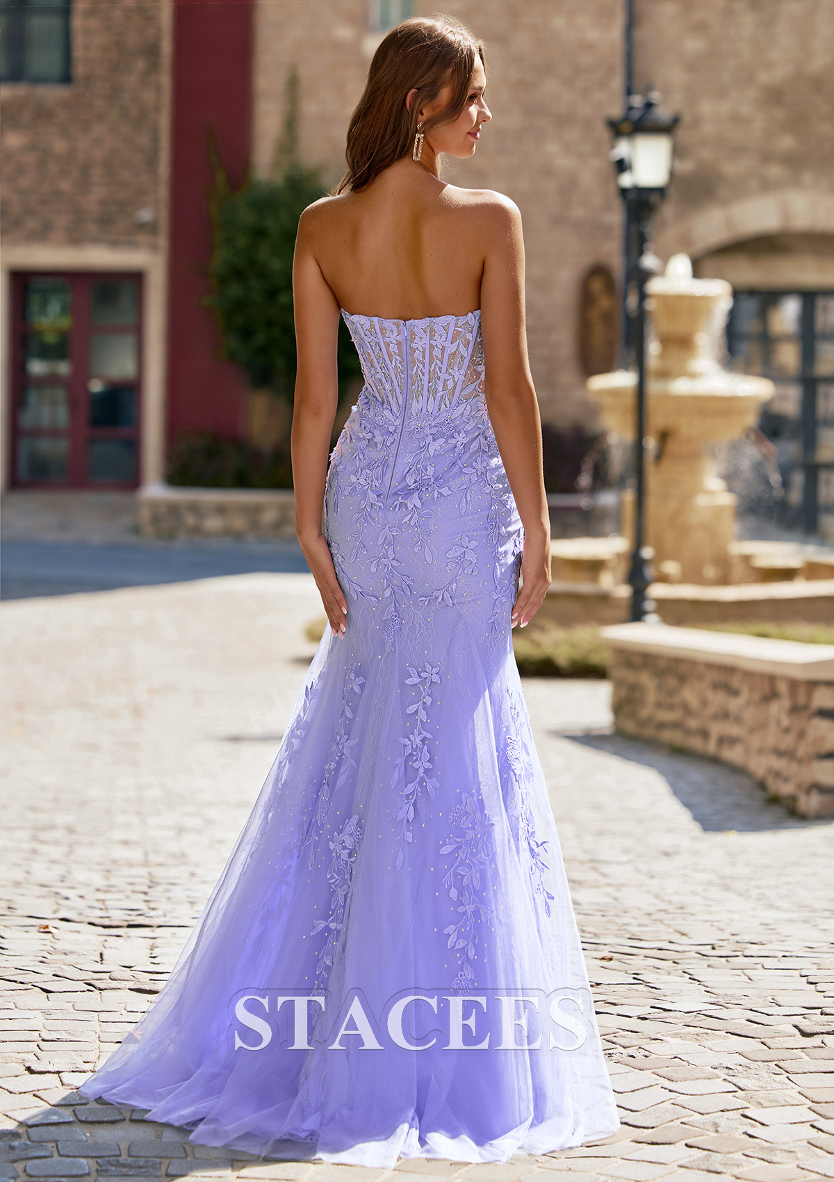Lavande Fourreau col bénitier tulle traîne balayage robe de bal avec dentelle fendue - STACEES