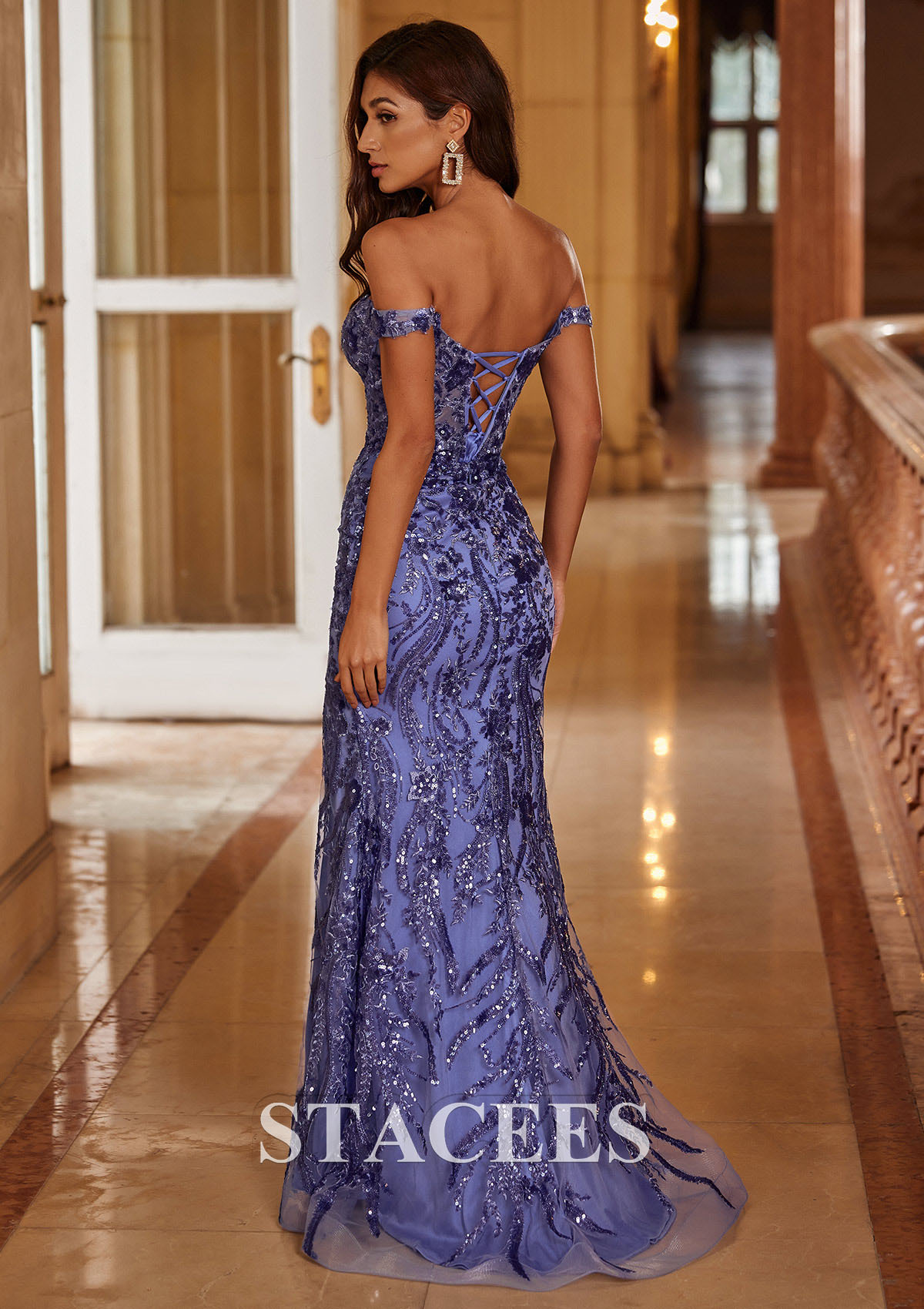 Lavender Mermaid Off-the-Shoulder Sequin Lace Slit Prom Dress with Sheer Corset Bodice - STACEES