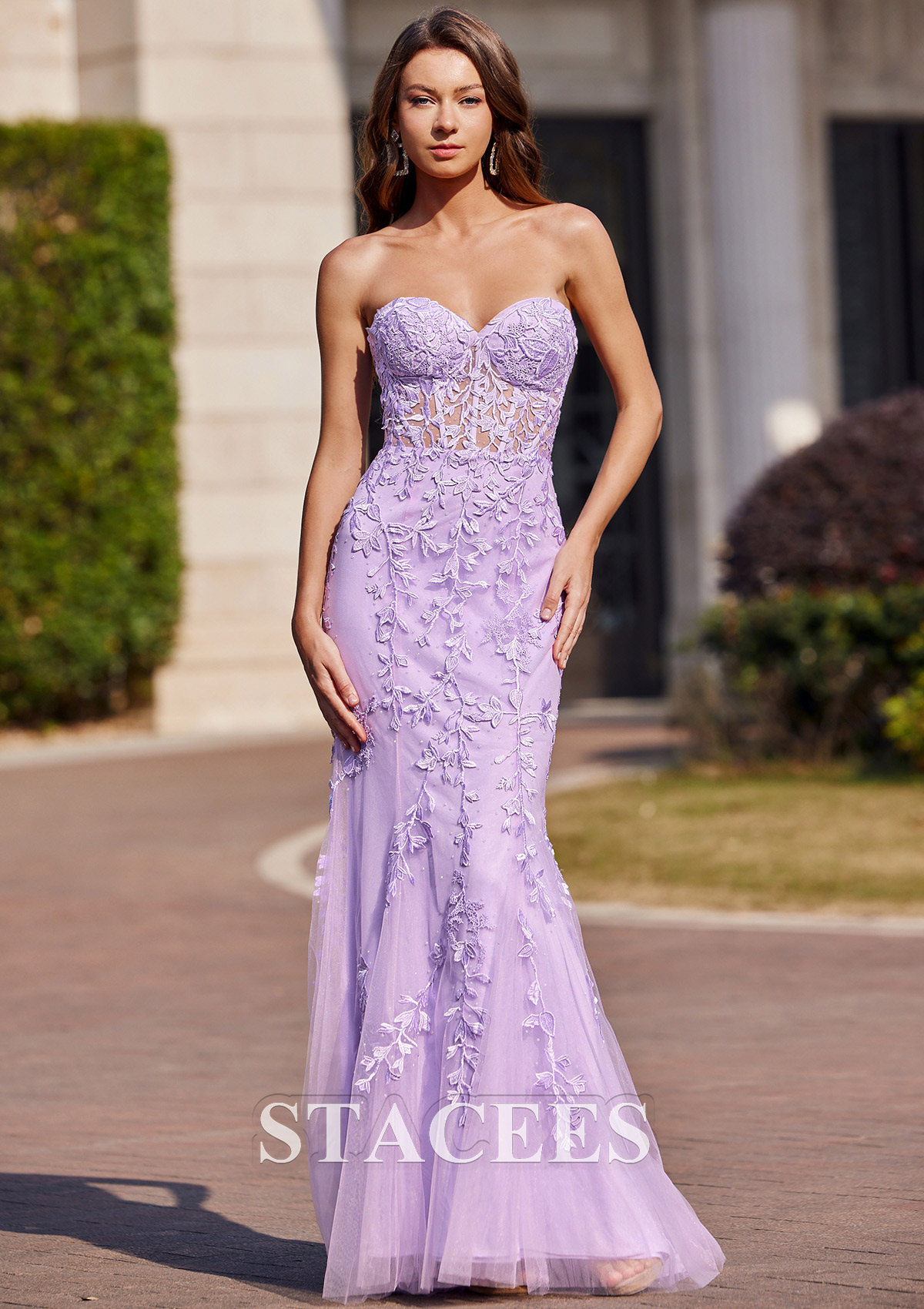 Lilac Trumpet/Mermaid Sweetheart Sweep Train Tulle Prom Dress with Appliqued Beading - STACEES