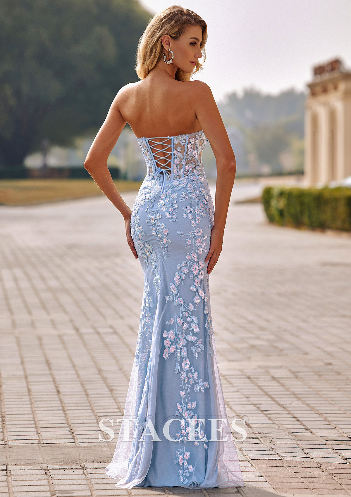 Bleu Ciel Trumpette/Sirène cache coeur tulle ras du sol robe de bal  - STACEES