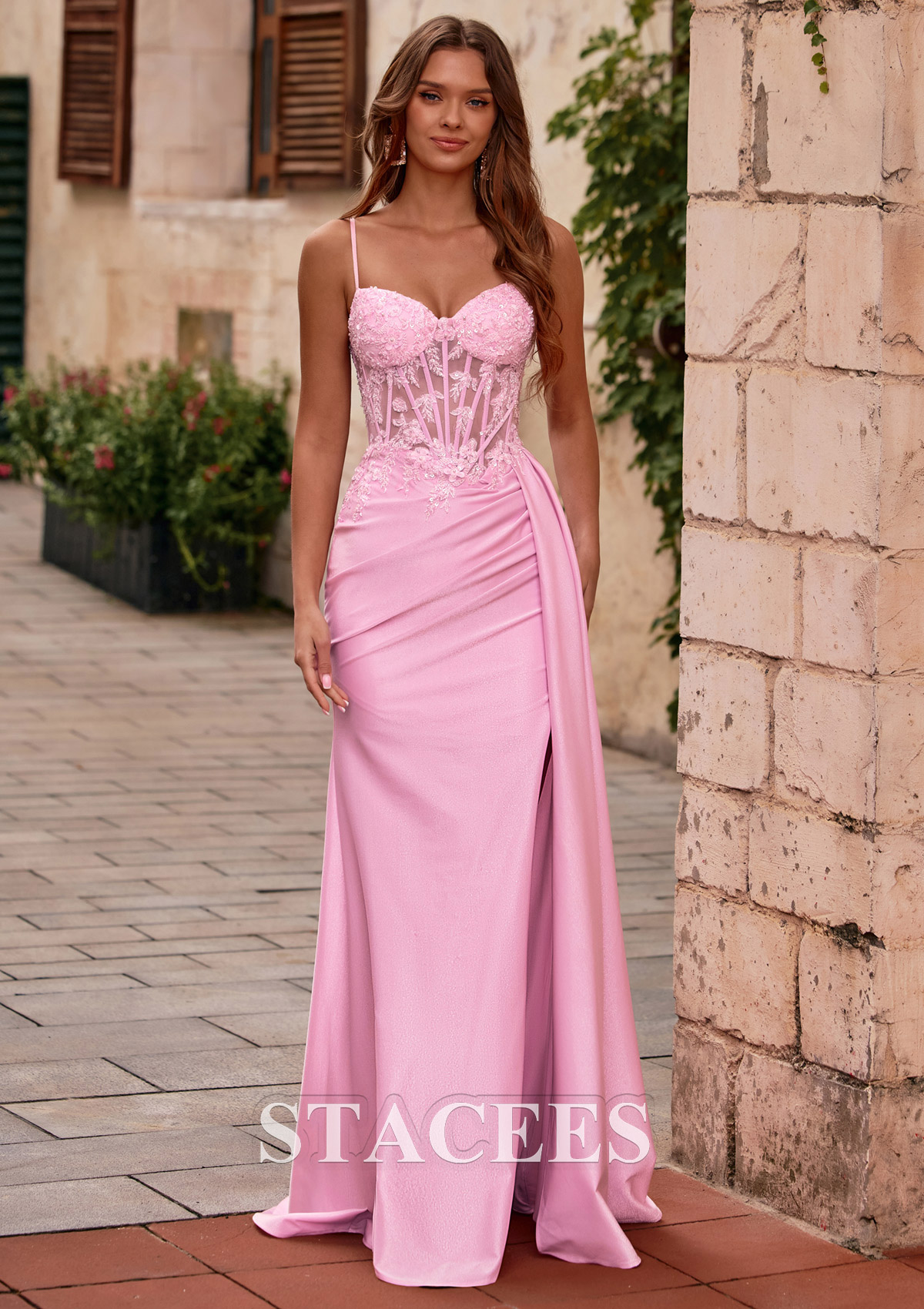 Blushing Pink Mermaid V Neck Sheer Beaded Corset Slit Prom Dress with Side Draping - STACEES
