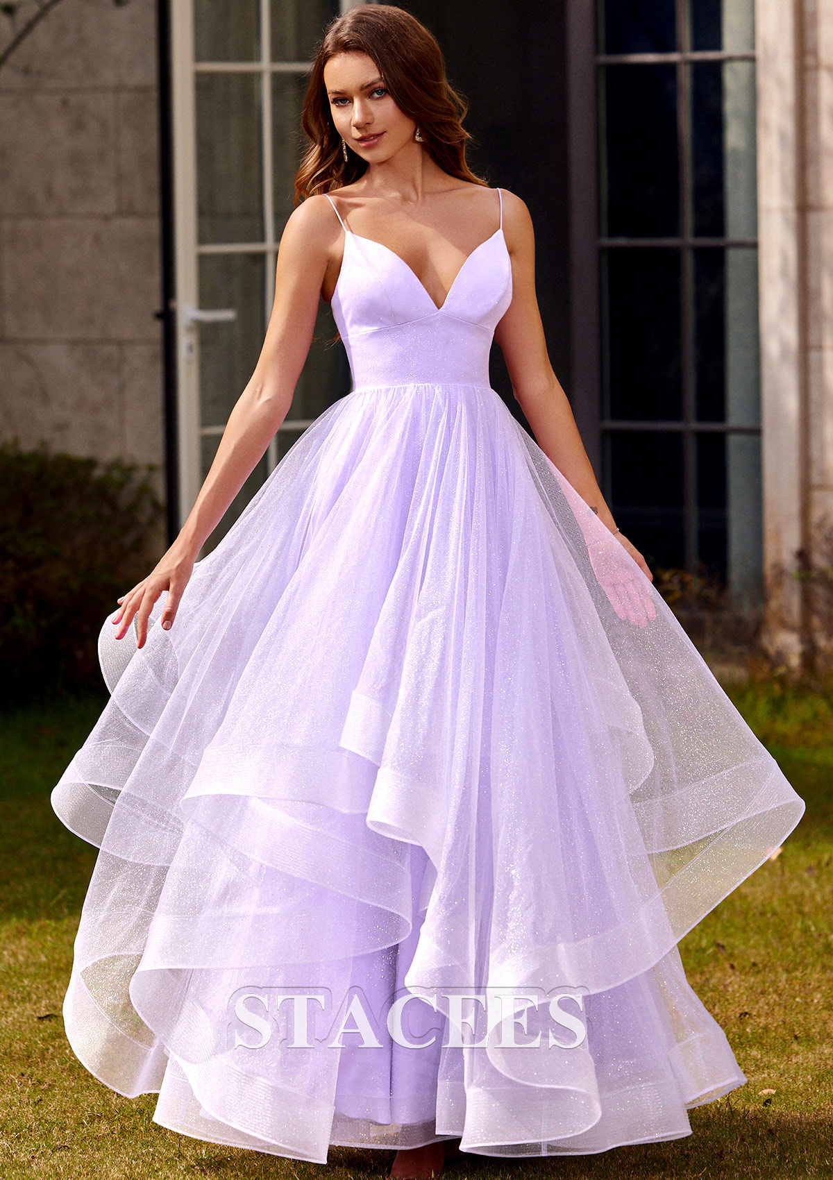 Lilac A-line Princess V Neck Floor-Length Tulle Prom Dress with Ruffles Glitter - STACEES