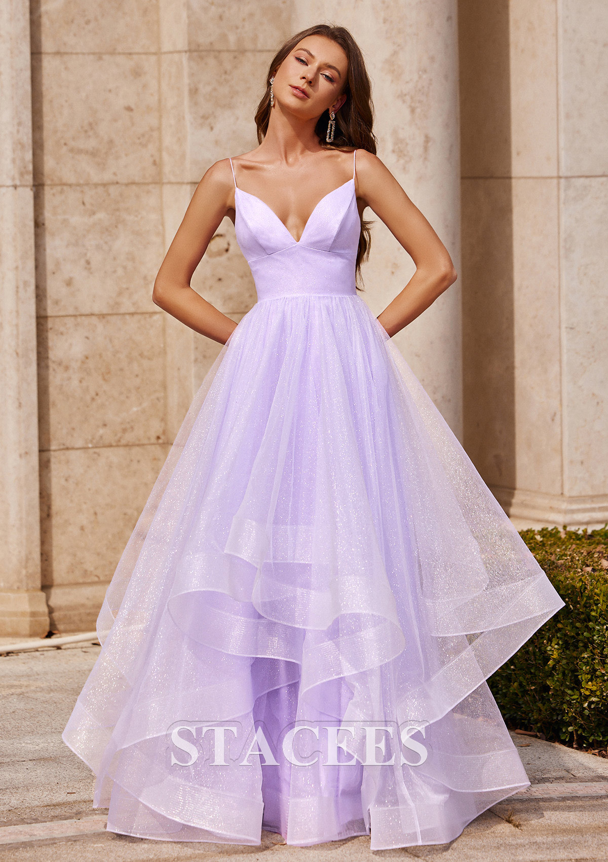 Lilac A-line Princess V Neck Floor-Length Tulle Prom Dress with Ruffles Glitter - STACEES