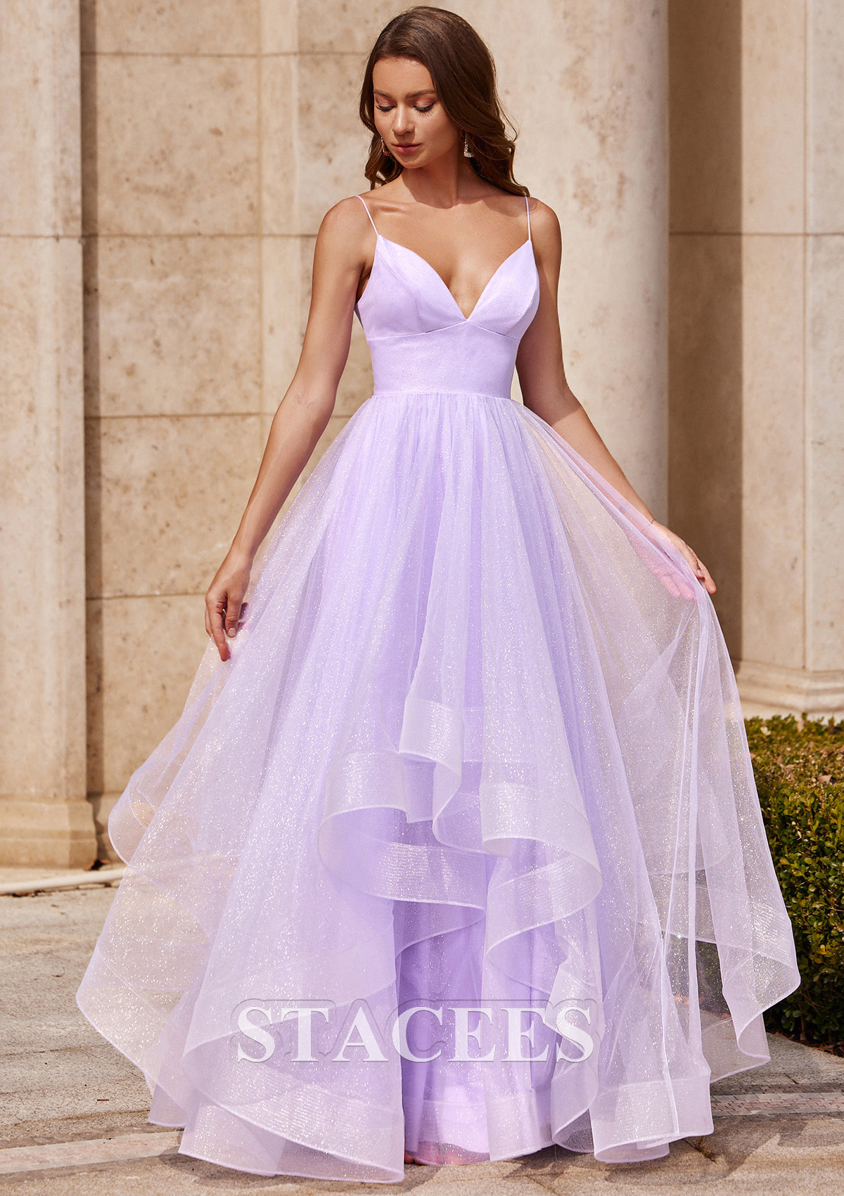 Lilac A-line Princess V Neck Floor-Length Tulle Prom Dress with Ruffles Glitter - STACEES