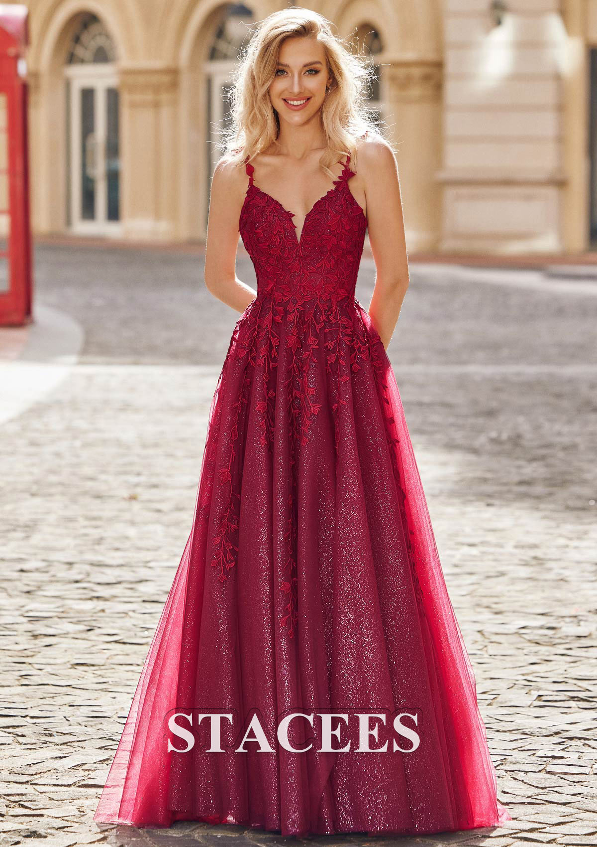Burgundy A-line Princess V Neck Sleeveless Sweep Train Tulle Prom Dress with Appliqued Glitter - STACEES