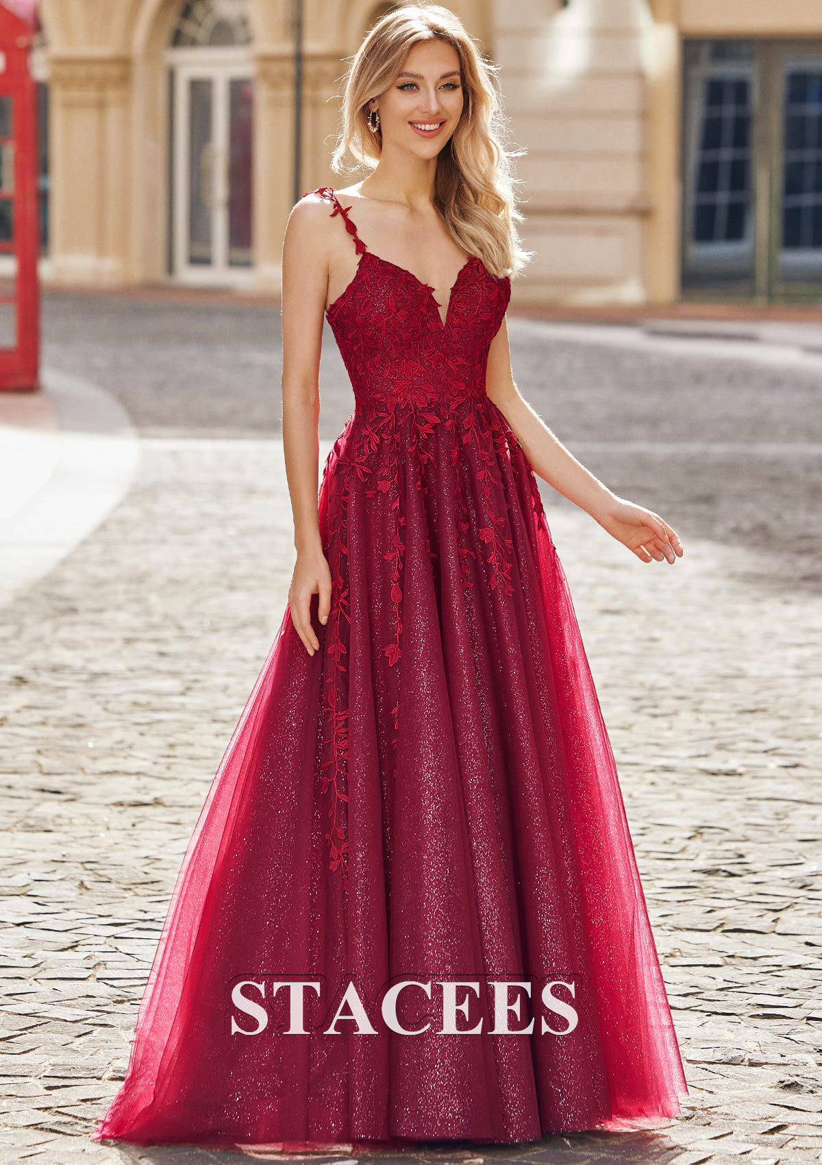 Burgundy A-line Princess V Neck Sleeveless Sweep Train Tulle Prom Dress with Appliqued Glitter - STACEES