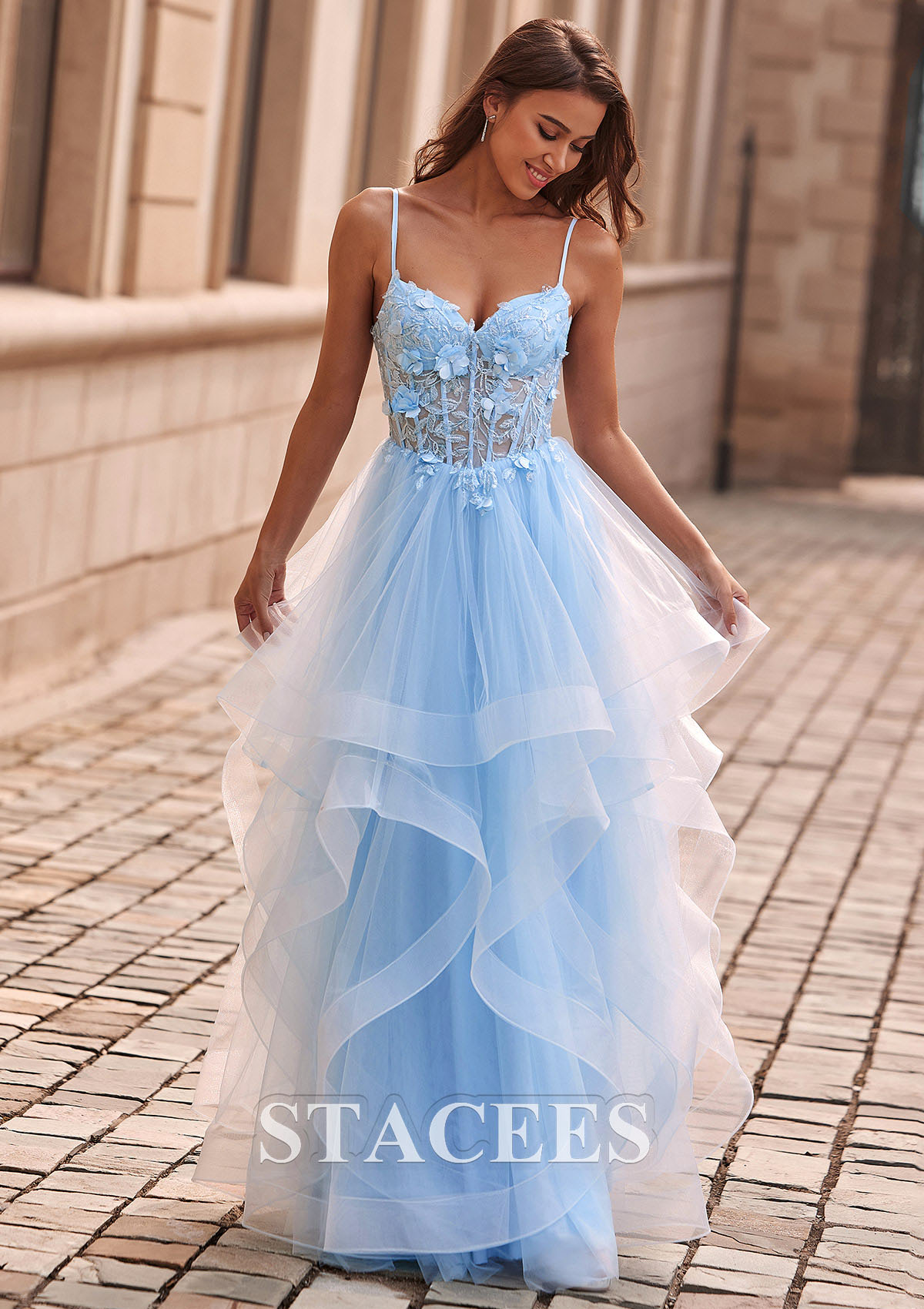 Sky Blue A-line V Neck Sheer Lace Corset Ruffle Prom Dress - STACEES