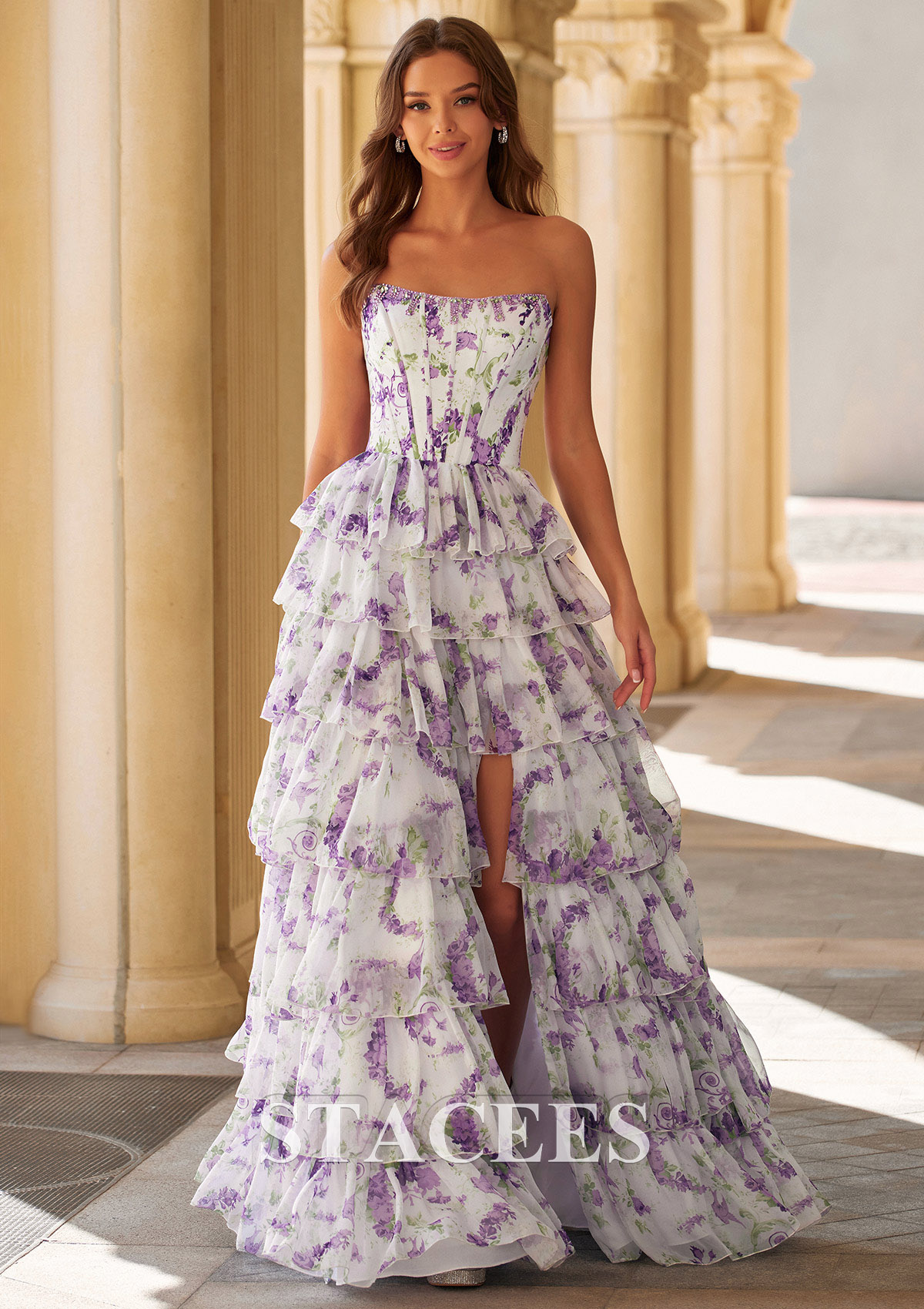 Grape Floral Vestido línea a cuello cuadrado gasa hasta el suelo vestido de graduación - STACEES