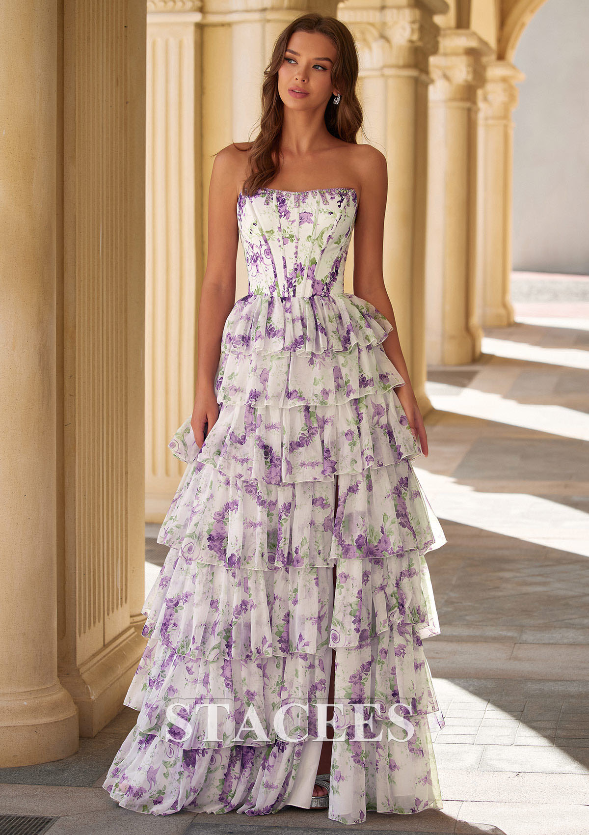 Grape Floral Vestido línea a cuello cuadrado gasa hasta el suelo vestido de graduación - STACEES