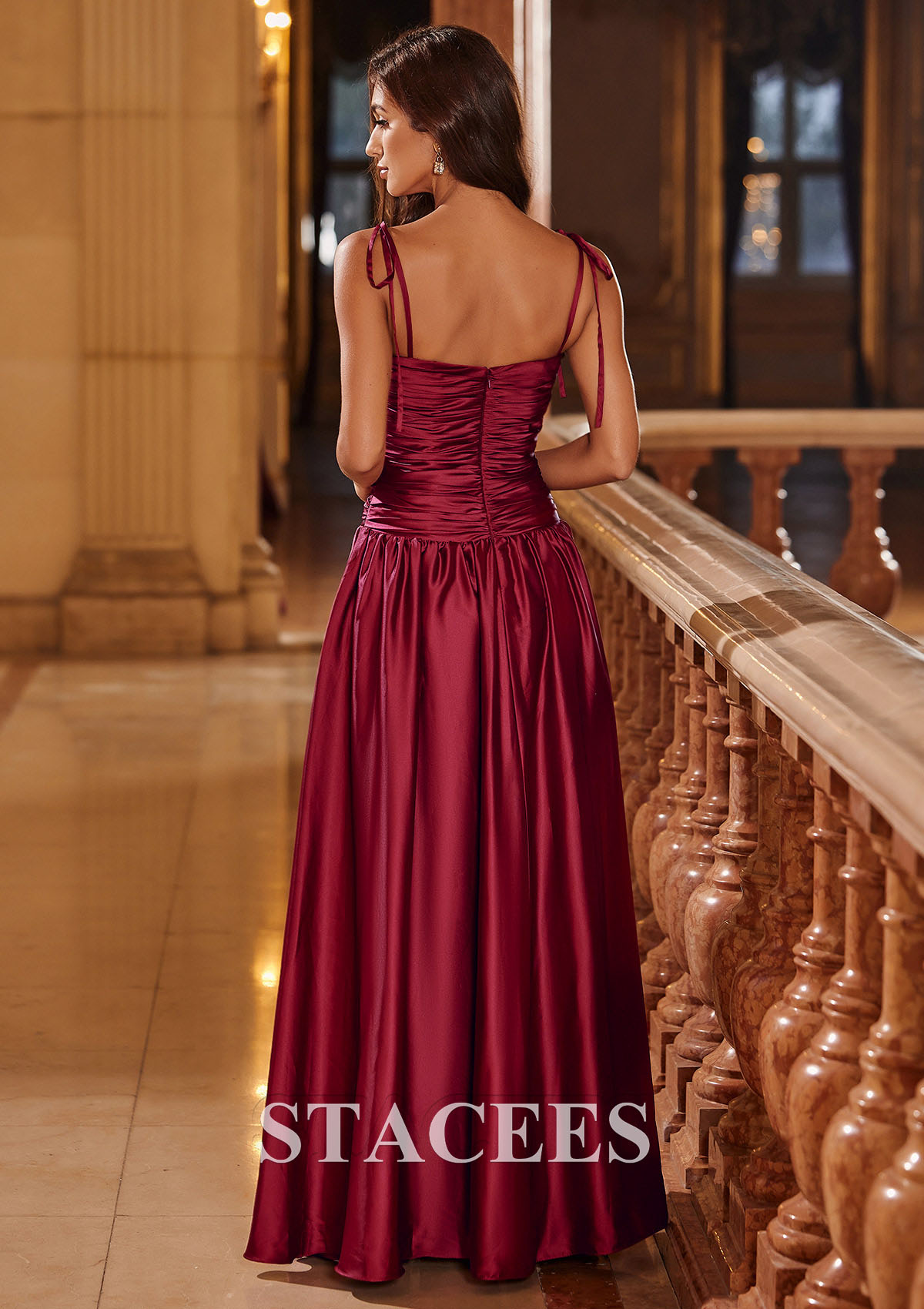 Burgundy A-line Square Neckline Pleated Long Prom Dress with Adjustable Spaghetti Straps - STACEES