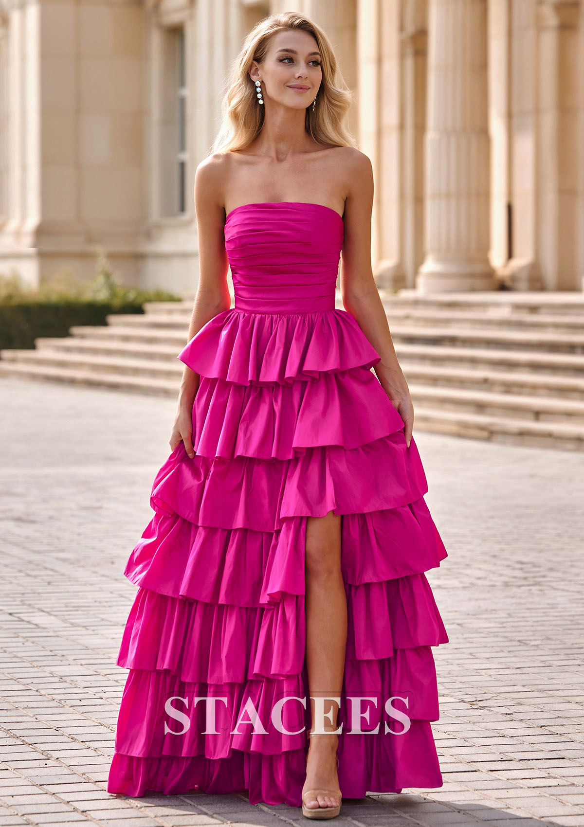 Hot Pink A-line Square Neckline Strapless Ruffled Taffeta Prom Dress with Slit Pleats - STACEES